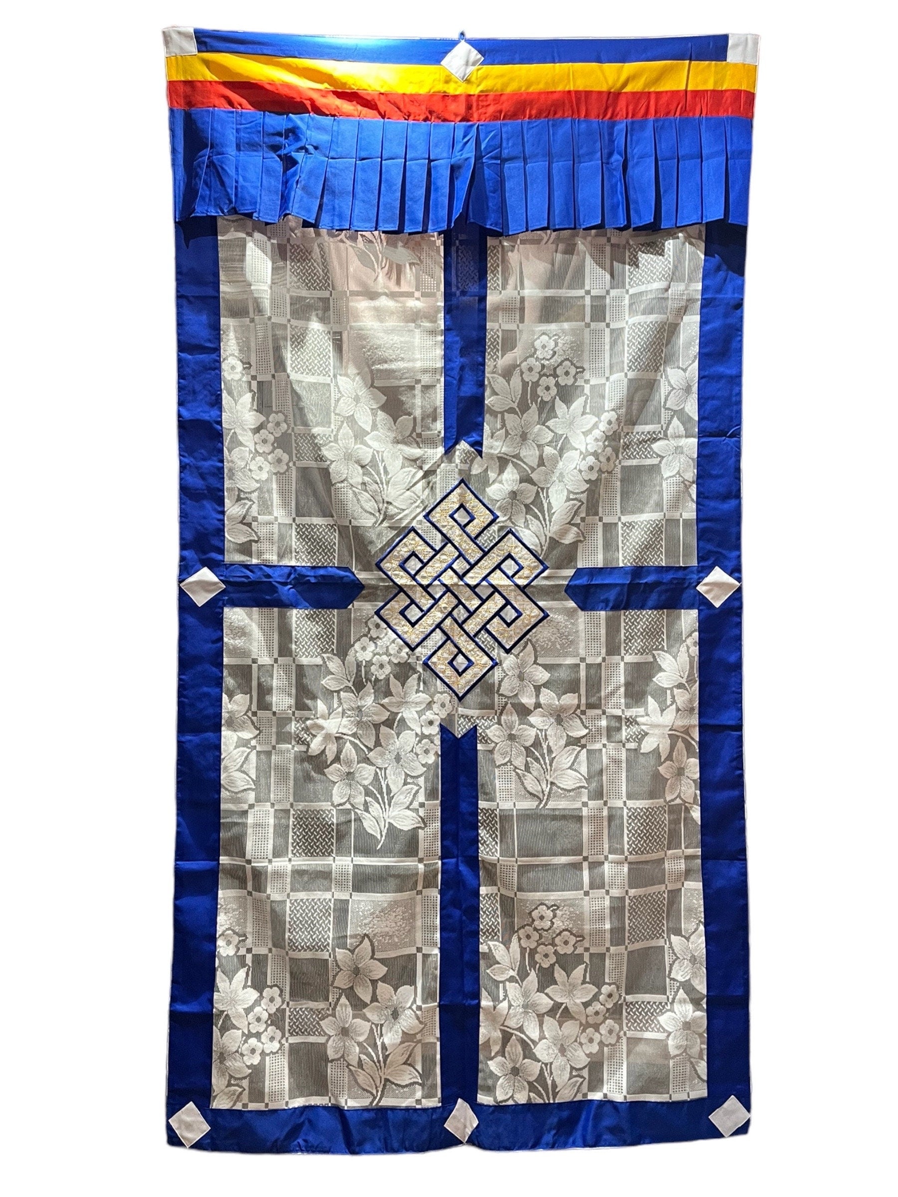 Tibetan Door Curtain: Auspicious Symbols, Silk Cotton Blend (3x6 ft)