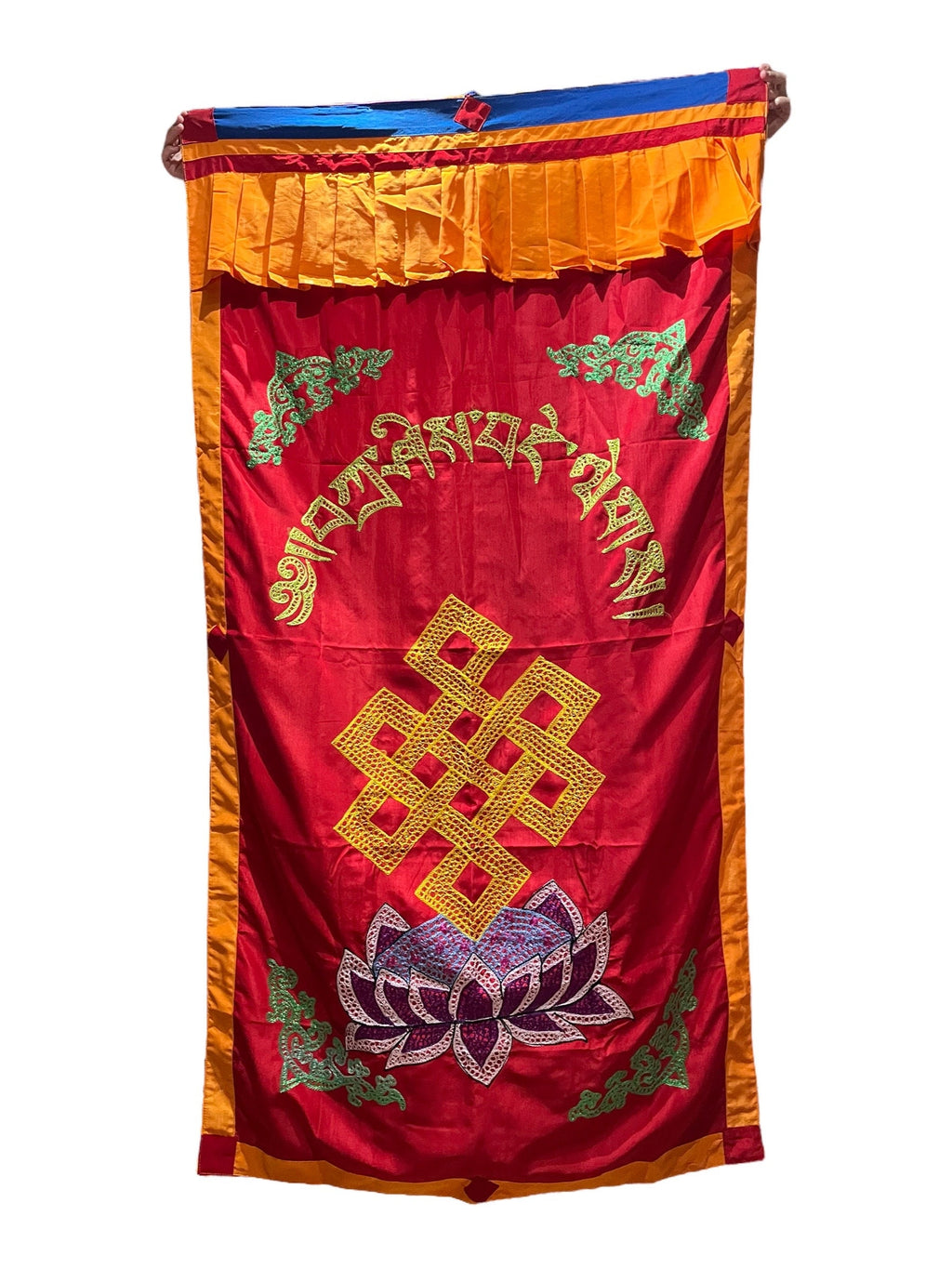 Tibetan Door Curtain: Silk Auspicious Symbols, 3x6 ft