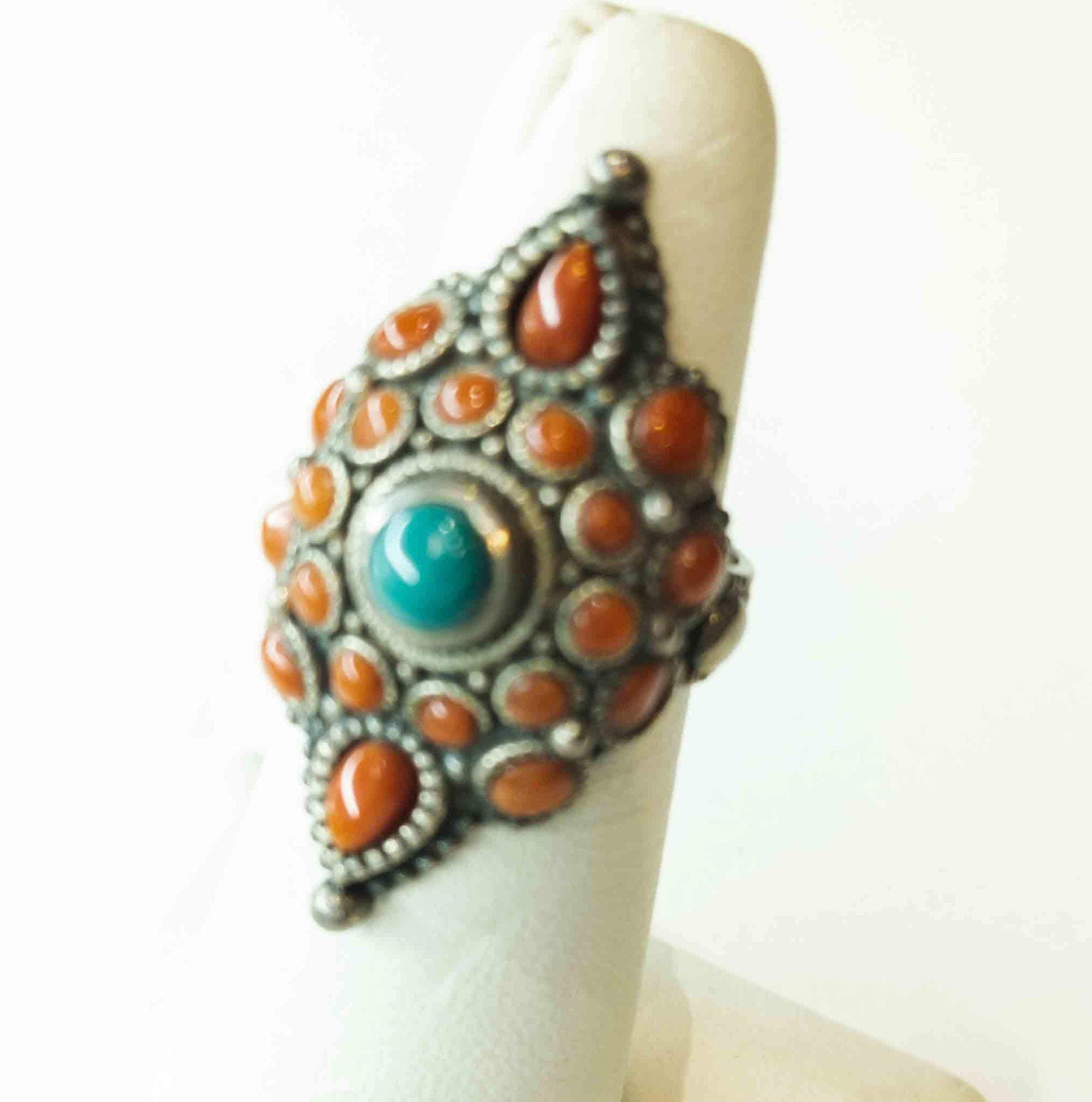 Vintage Tibetan Silver Ring: Lapis Lazuli, Coral & Turquoise