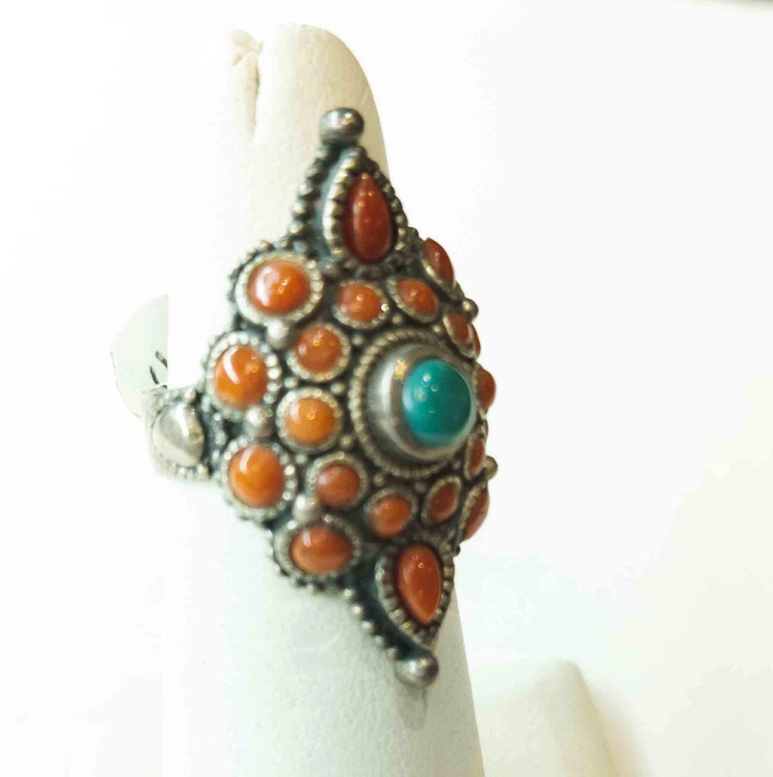 Vintage Tibetan Silver Ring: Lapis Lazuli, Coral & Turquoise