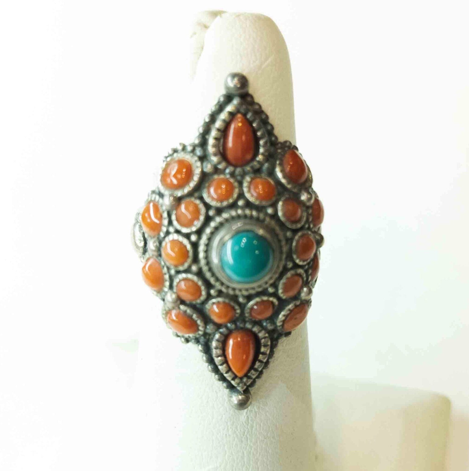 Vintage Tibetan Silver Ring: Lapis Lazuli, Coral & Turquoise