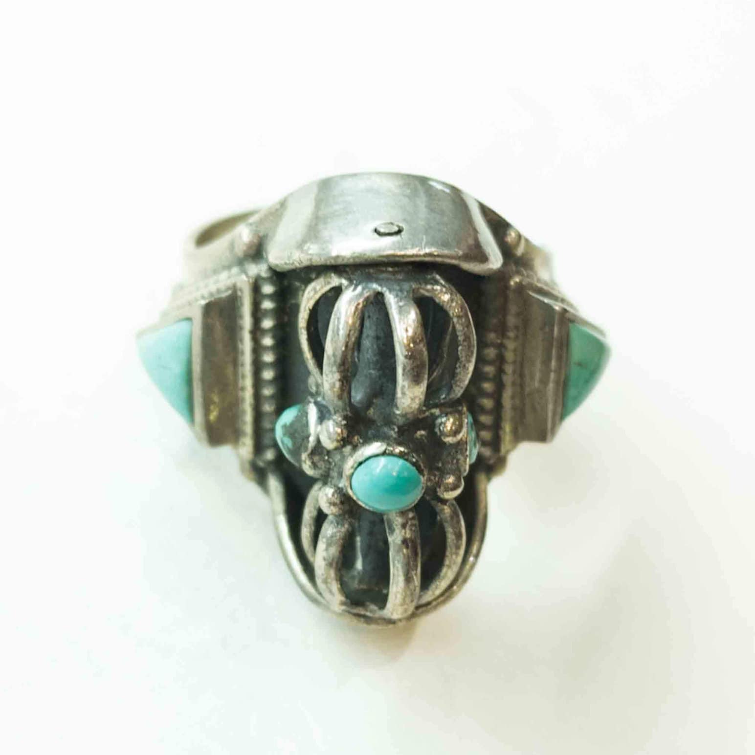 Vintage Tibetan Silver Ring: Lapis Lazuli, Coral & Turquoise
