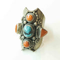 Handmade Tibetan Silver Ring: Turquoise, Coral, and Lapis Lazuli