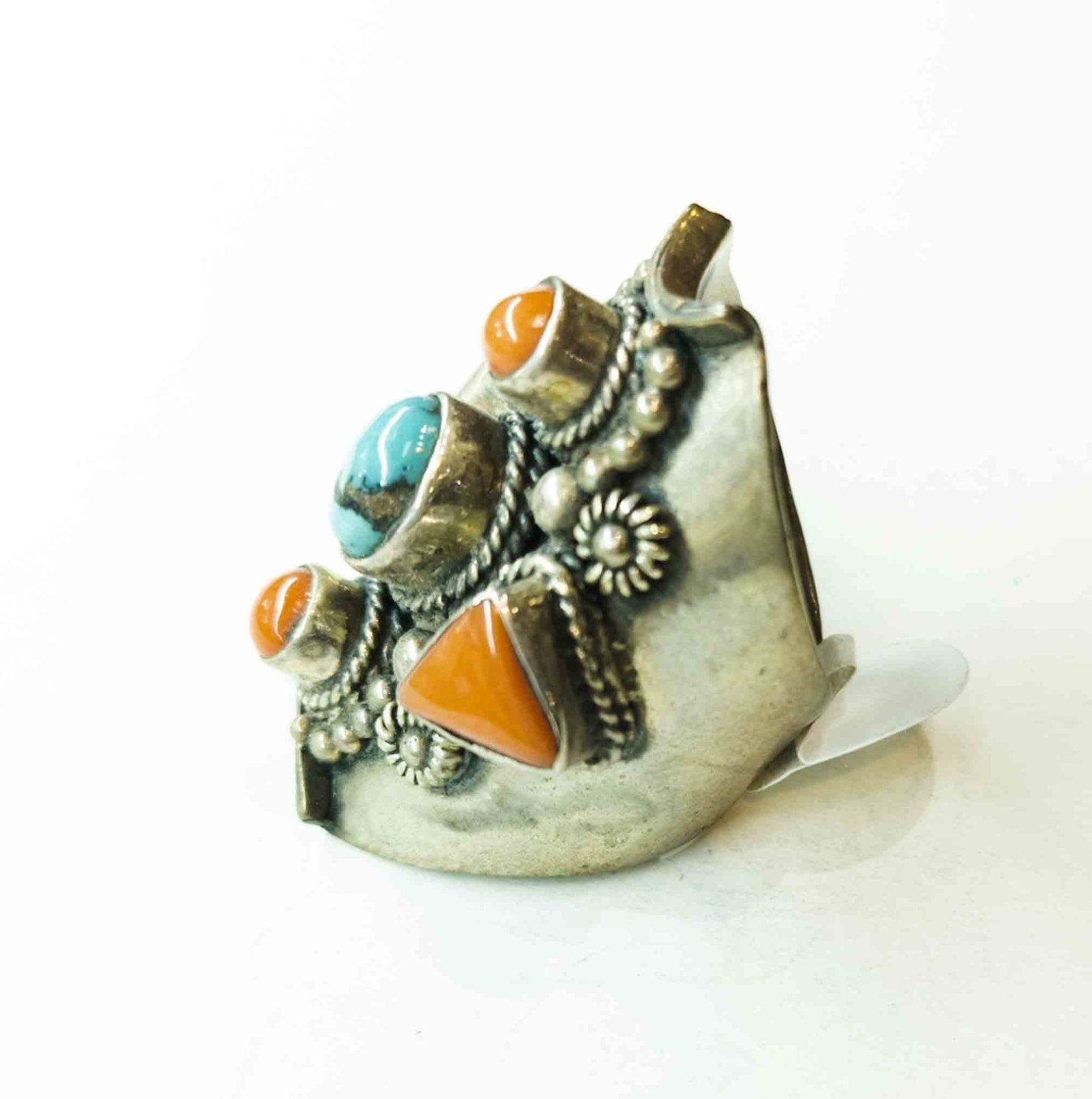 Handmade Tibetan Silver Ring: Turquoise, Coral, and Lapis Lazuli