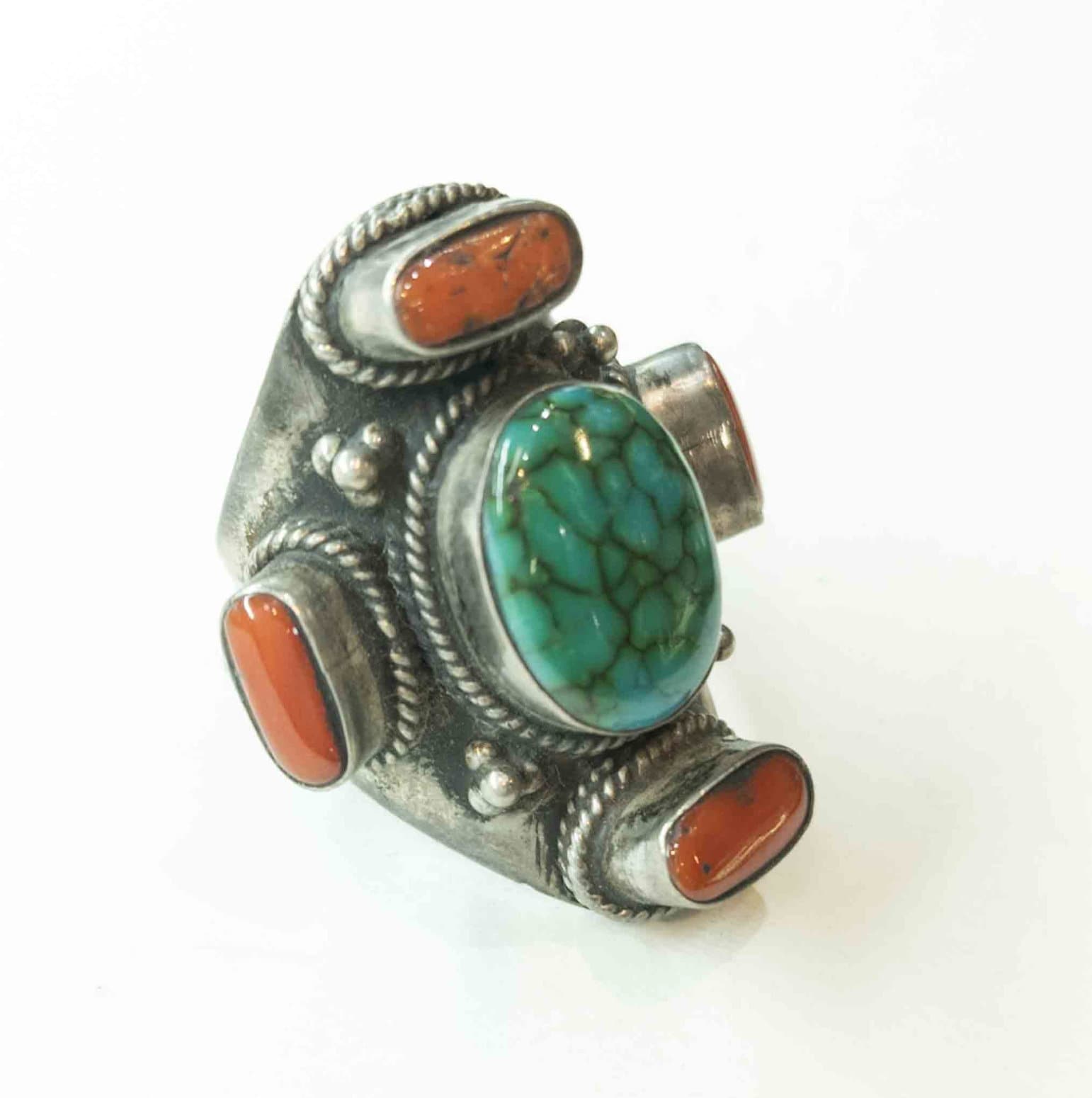 Handmade Tibetan Silver Ring: Turquoise, Coral & Lapis Lazuli