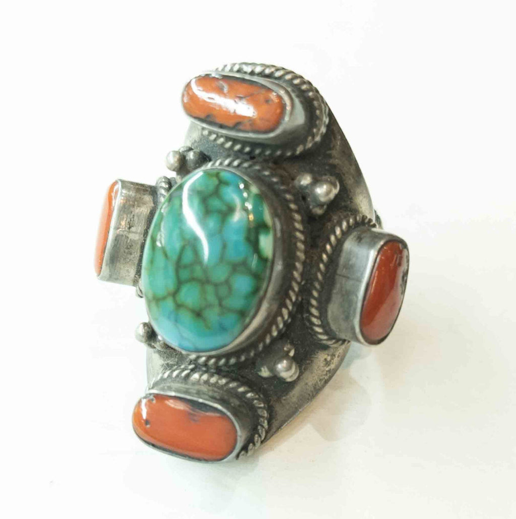 Handmade Tibetan Silver Ring: Turquoise, Coral & Lapis Lazuli