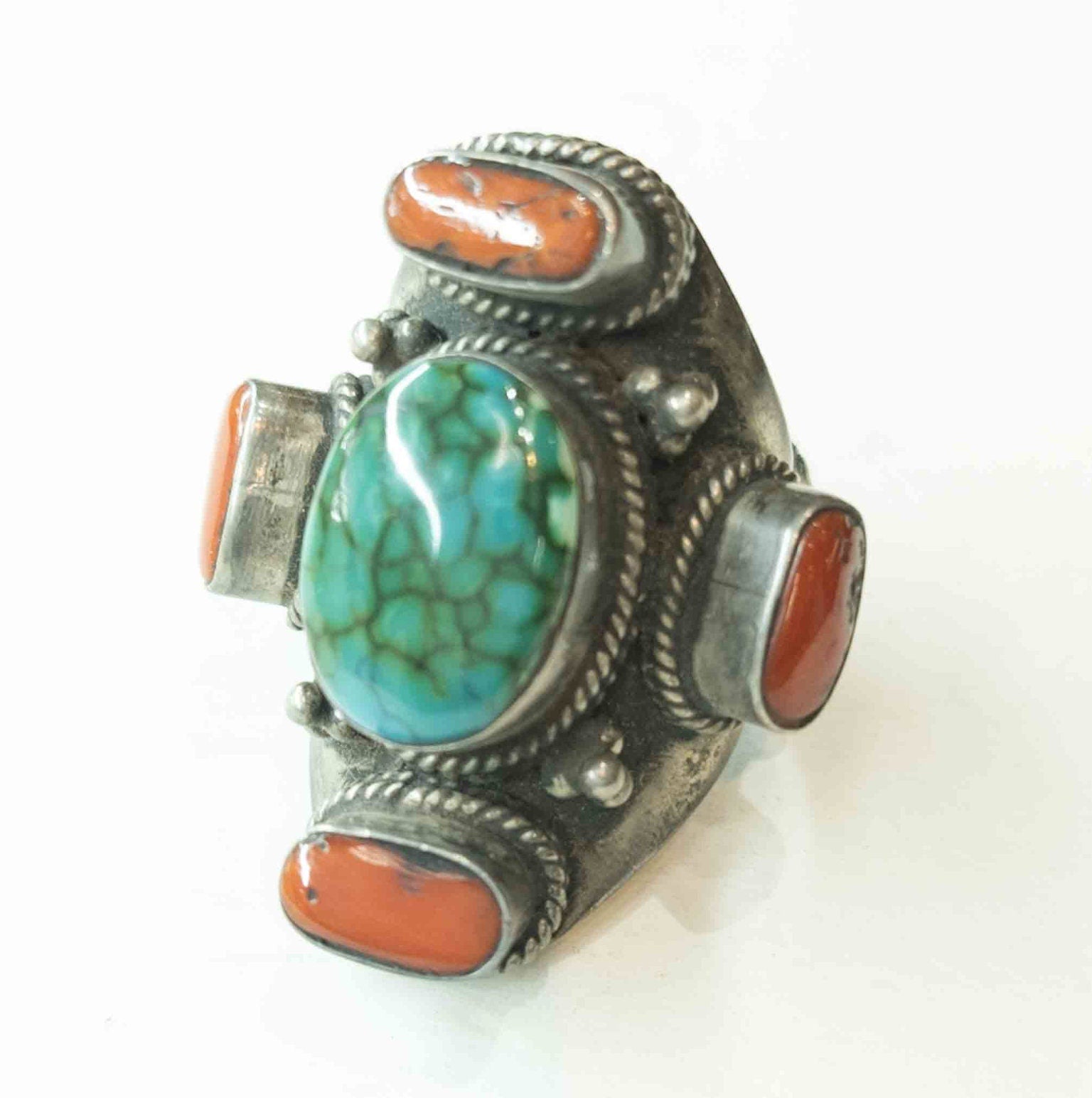 Handmade Tibetan Silver Ring: Turquoise, Coral & Lapis Lazuli