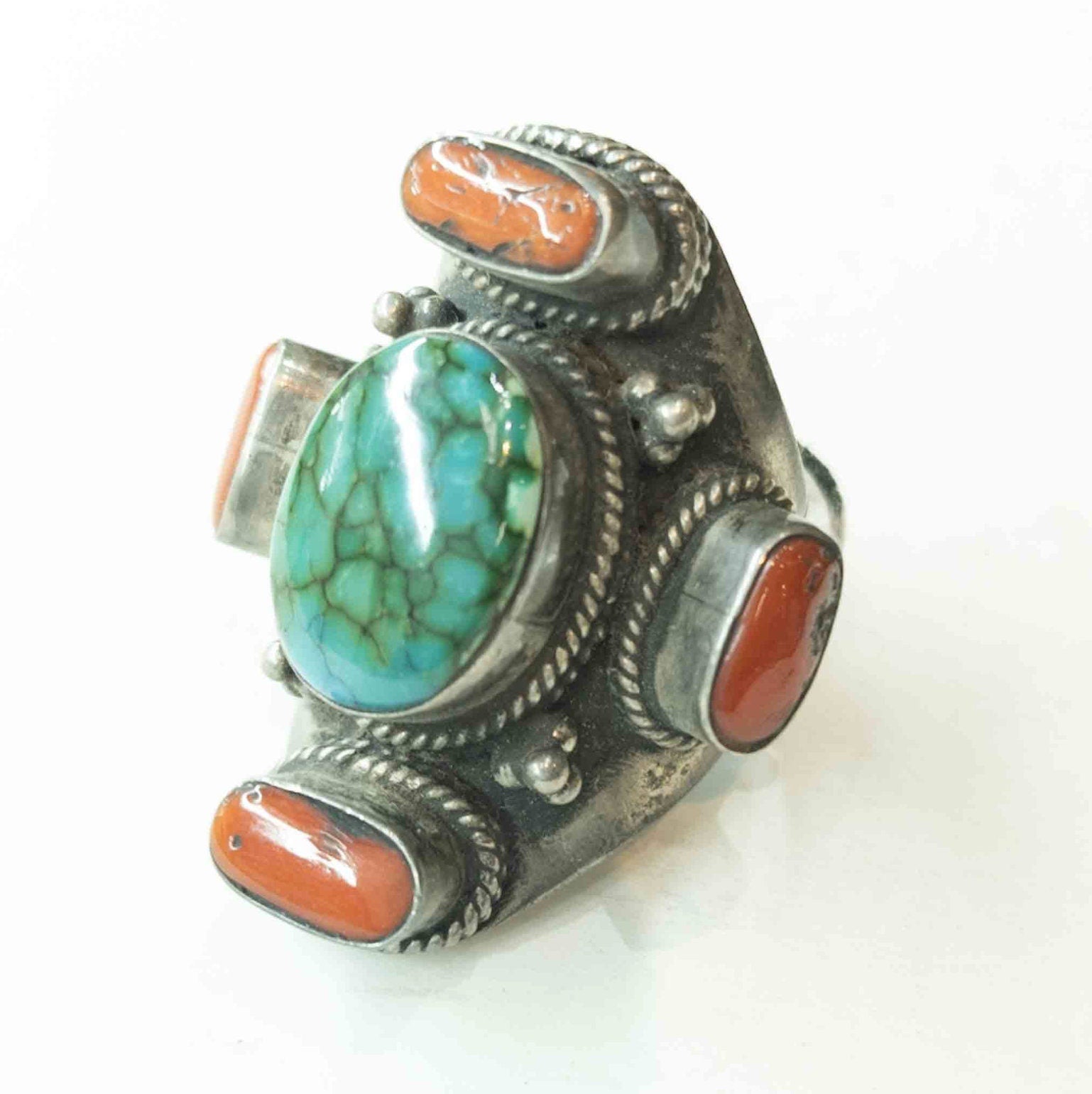 Handmade Tibetan Silver Ring: Turquoise, Coral & Lapis Lazuli
