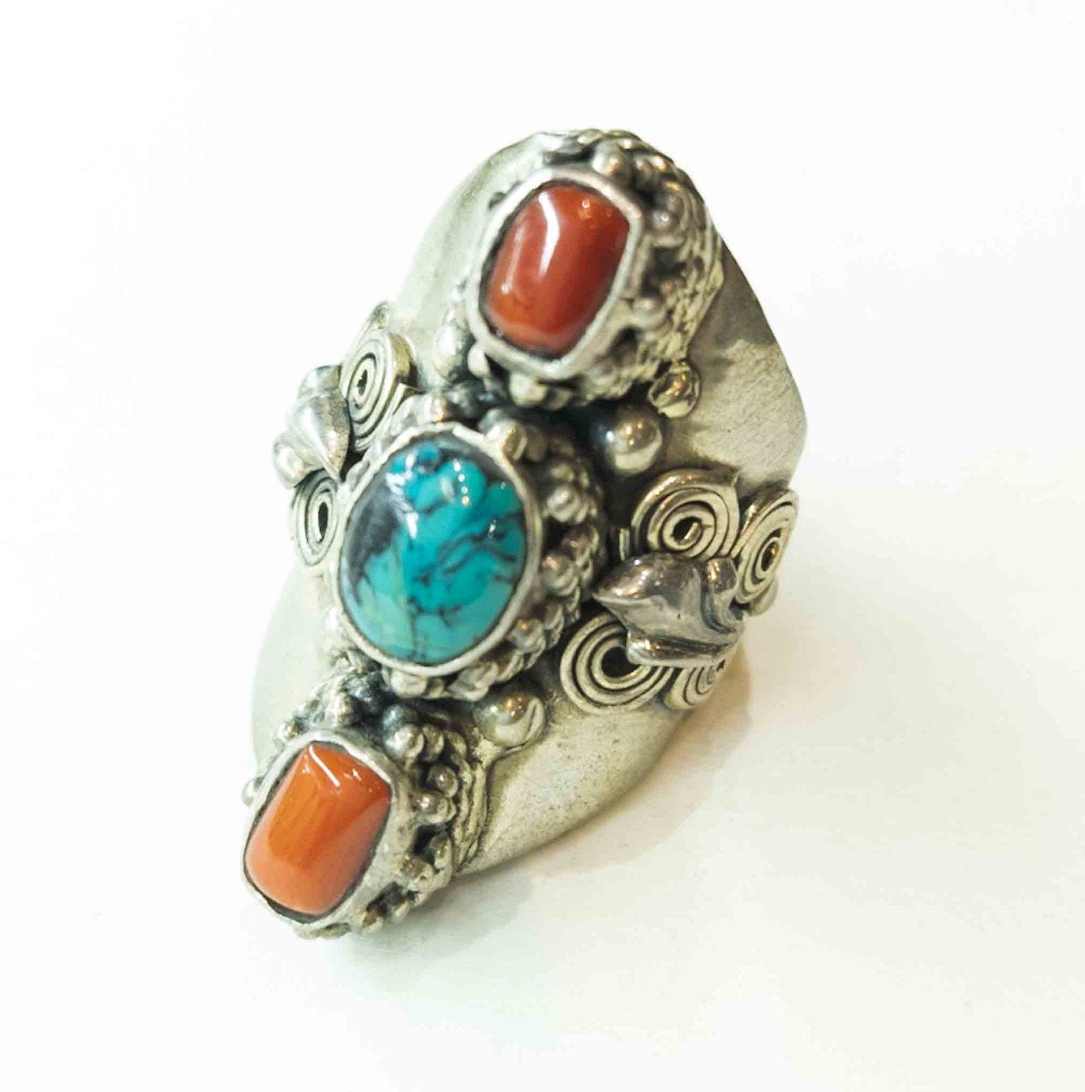 Handmade Tibetan Silver Ring: Turquoise, Coral & Lapis Lazuli