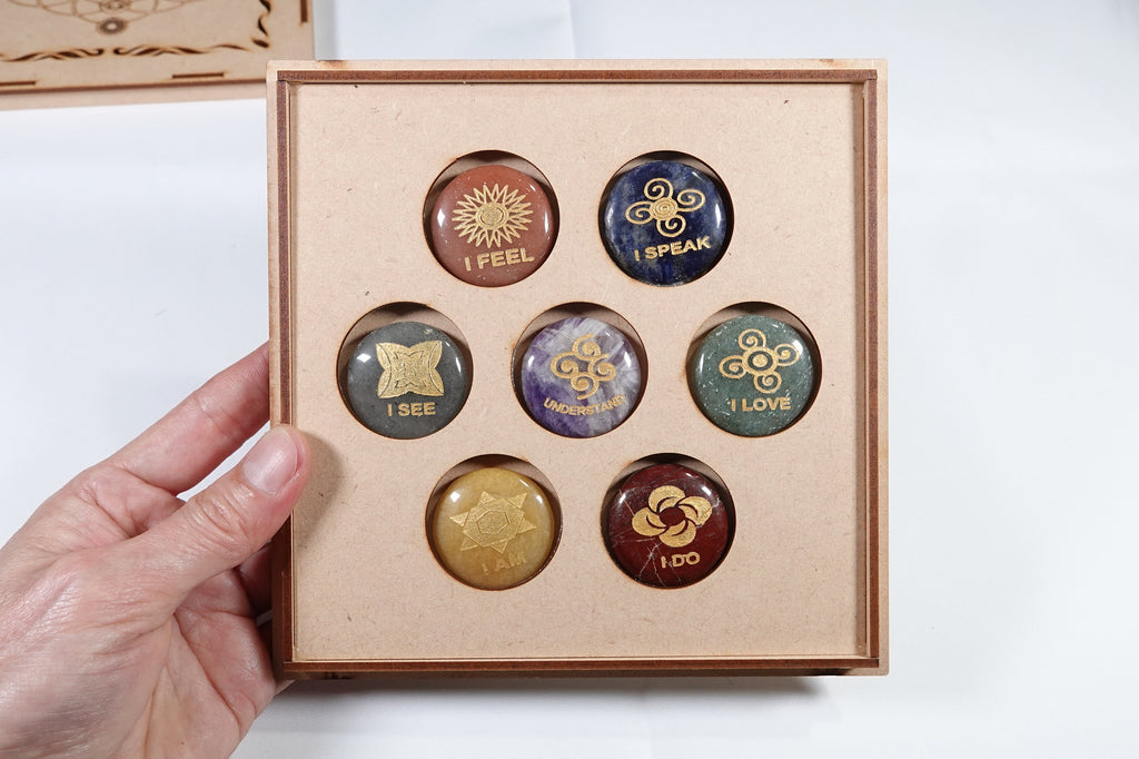 Engraved 7 Chakra Palm Stone Set with Wood Box
