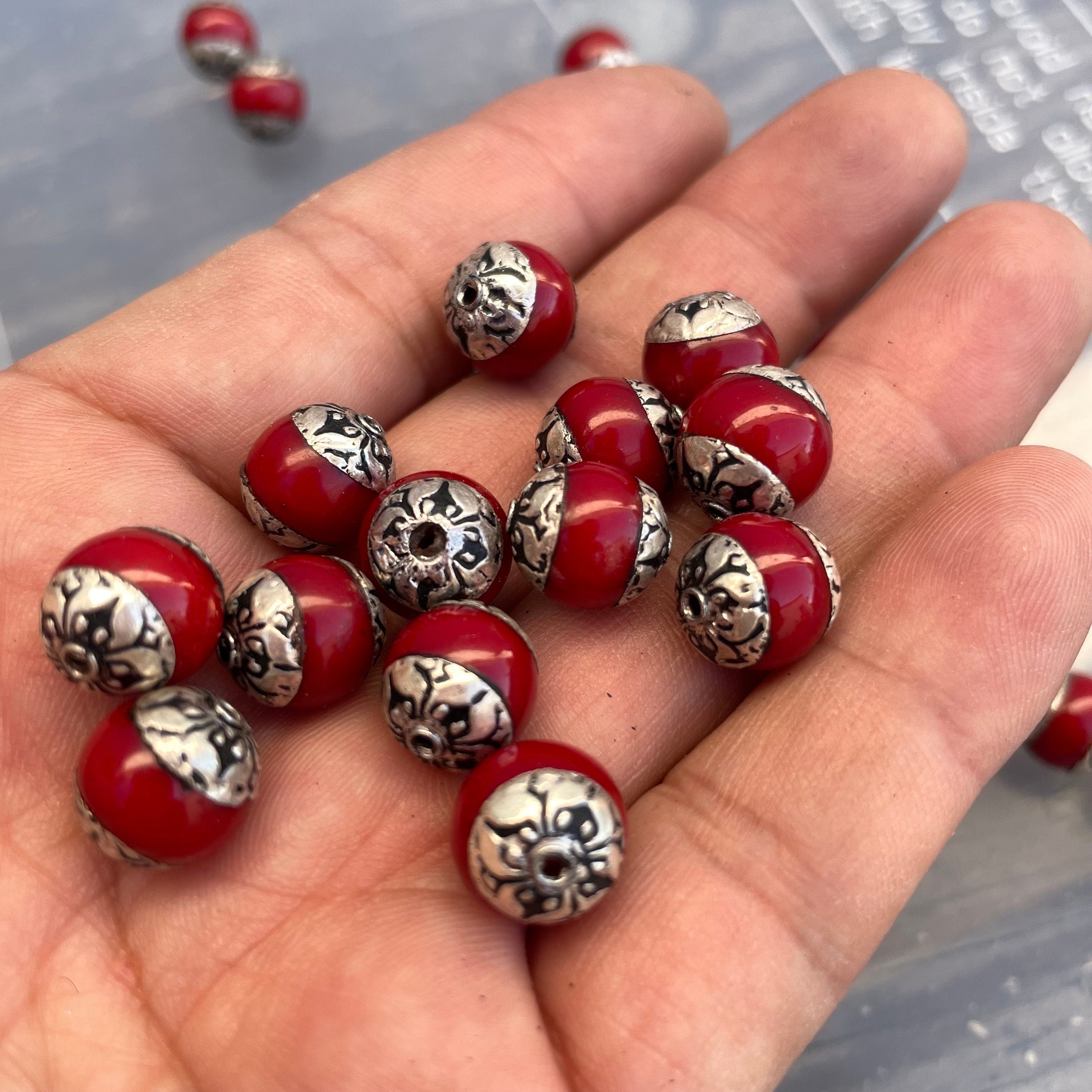 Handcraft Tibetan Amber Beads: Rice Bean Shape, Silver Cap (10 pc)