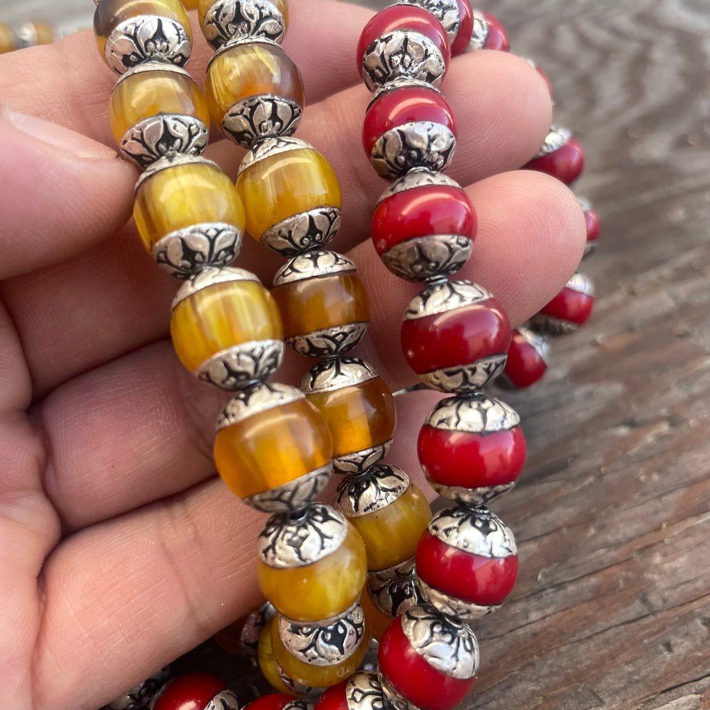 Handcraft Tibetan Amber Beads: Rice Bean Shape, Silver Cap (10 pc)