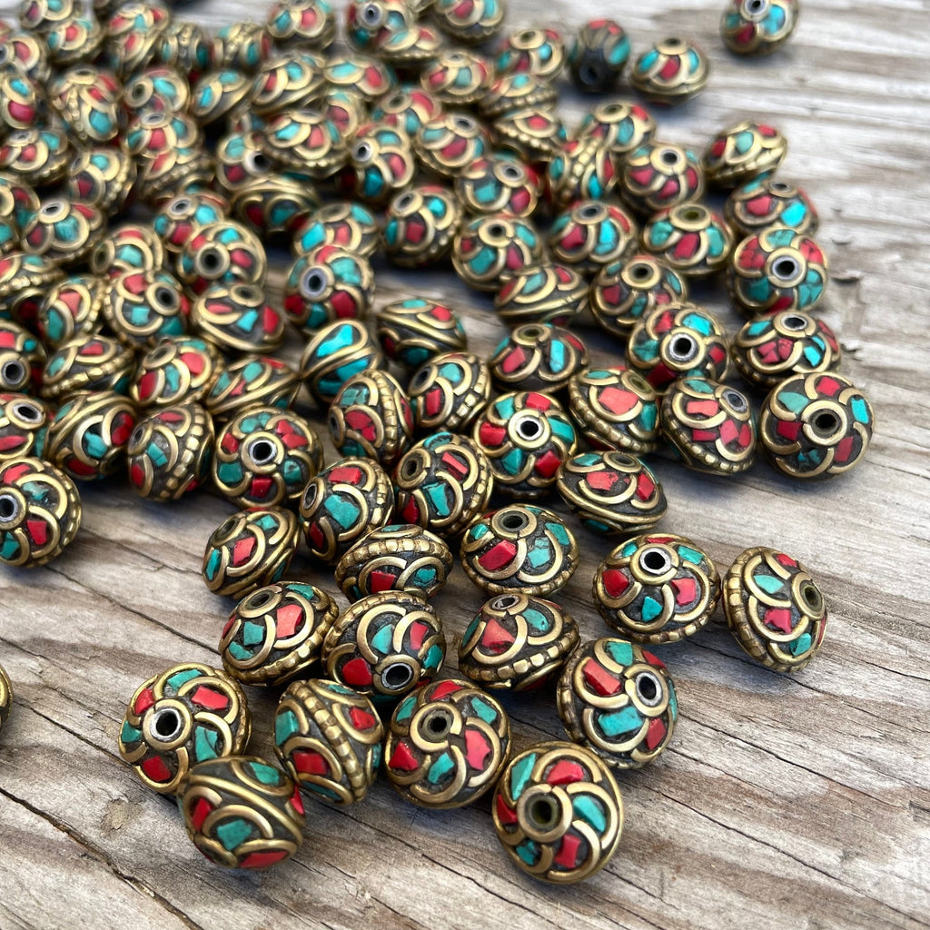Handcrafted Himalayan Brass Beads: Turquoise Coral Inlay (10, 5x10mm)
