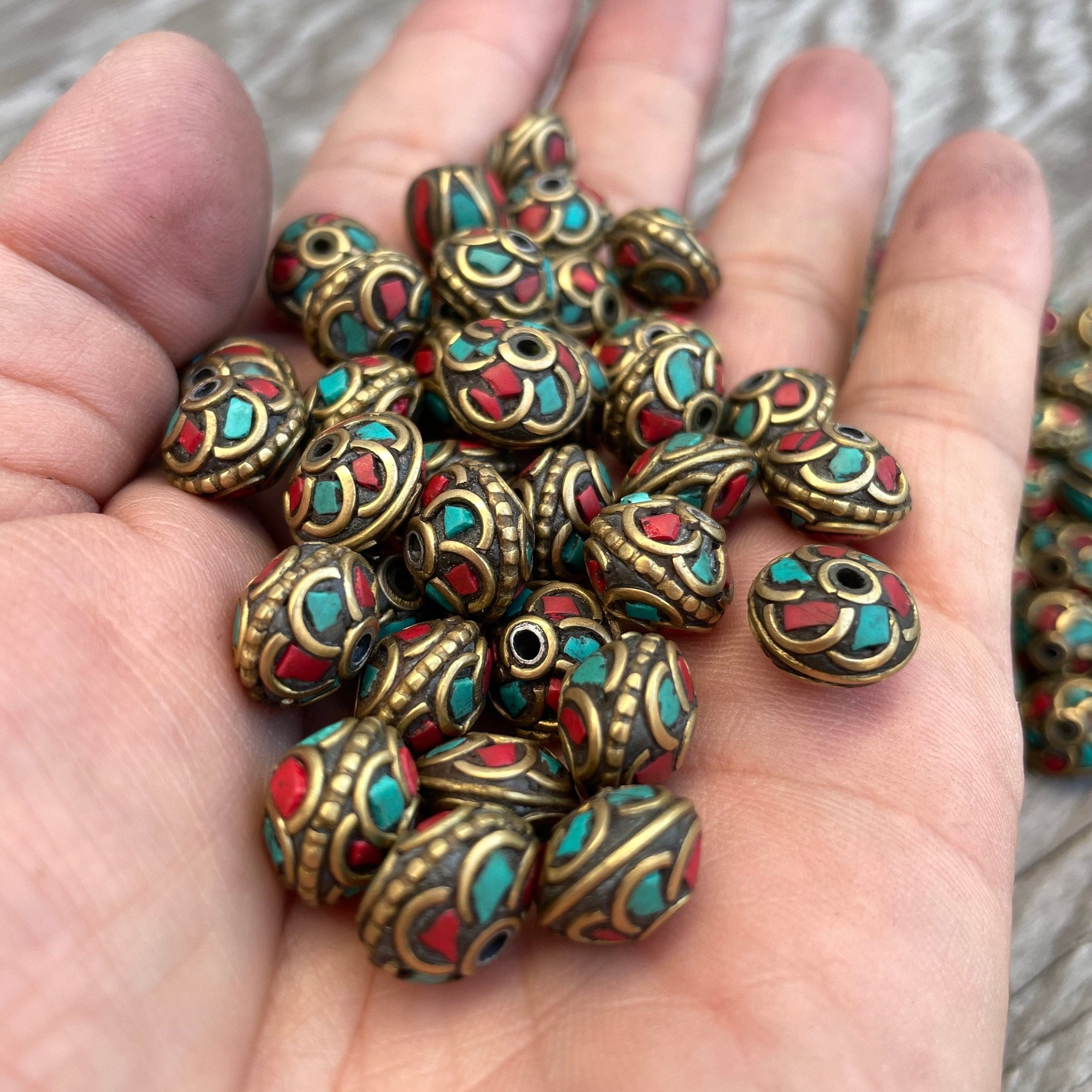 Handcrafted Himalayan Brass Beads: Turquoise Coral Inlay (10, 5x10mm)