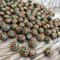 Handcrafted Himalayan Brass Beads: Turquoise Coral Inlay (10, 5x10mm)