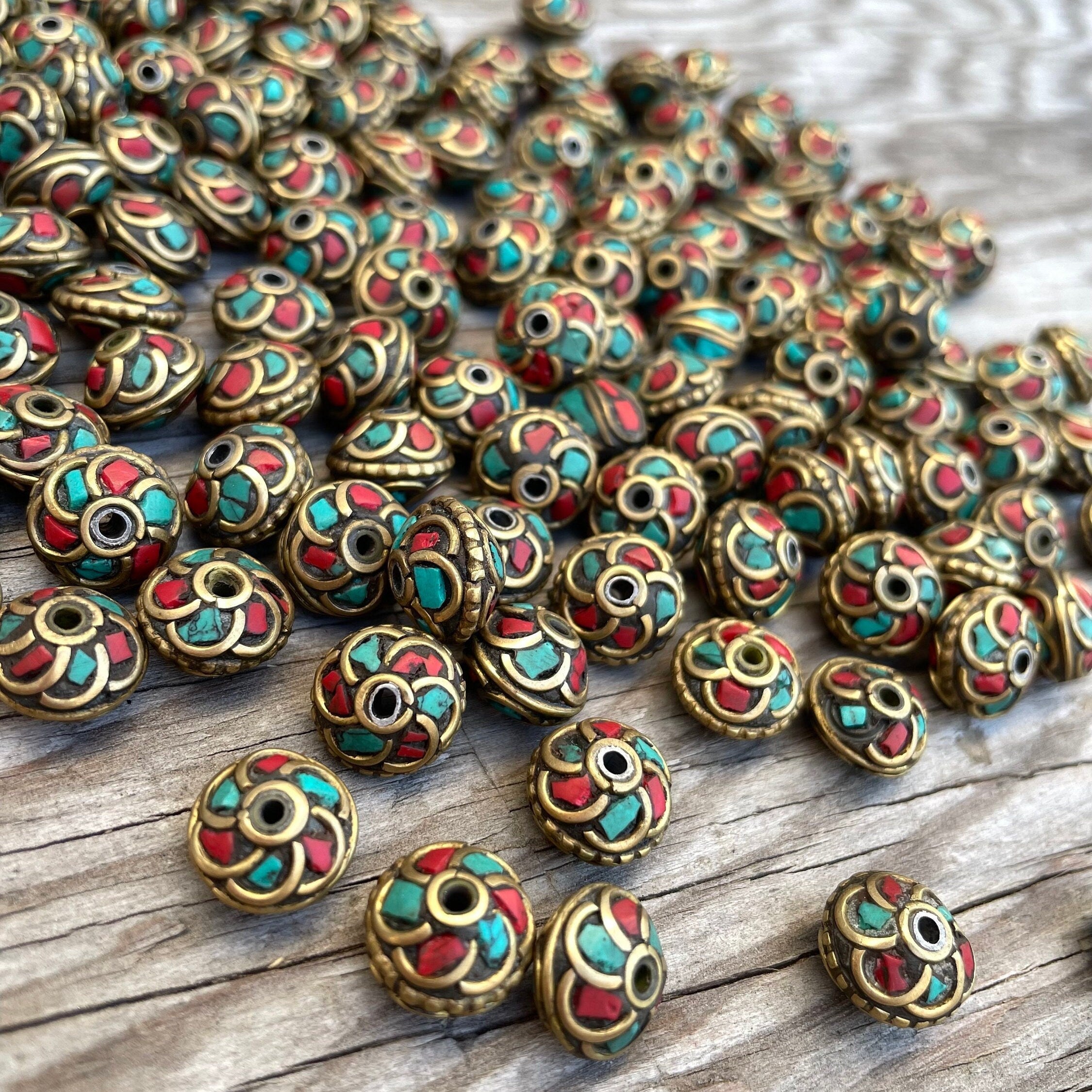 Handcrafted Himalayan Brass Beads: Turquoise Coral Inlay (10, 5x10mm)