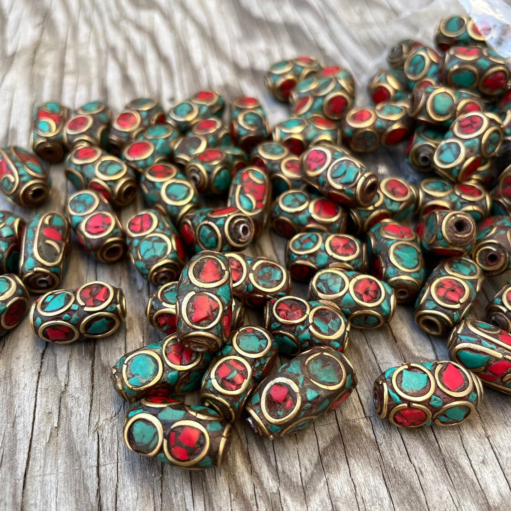 Handcrafted Himalayan Beads: Brass, Turquoise & Coral Inlays (10 Beads)