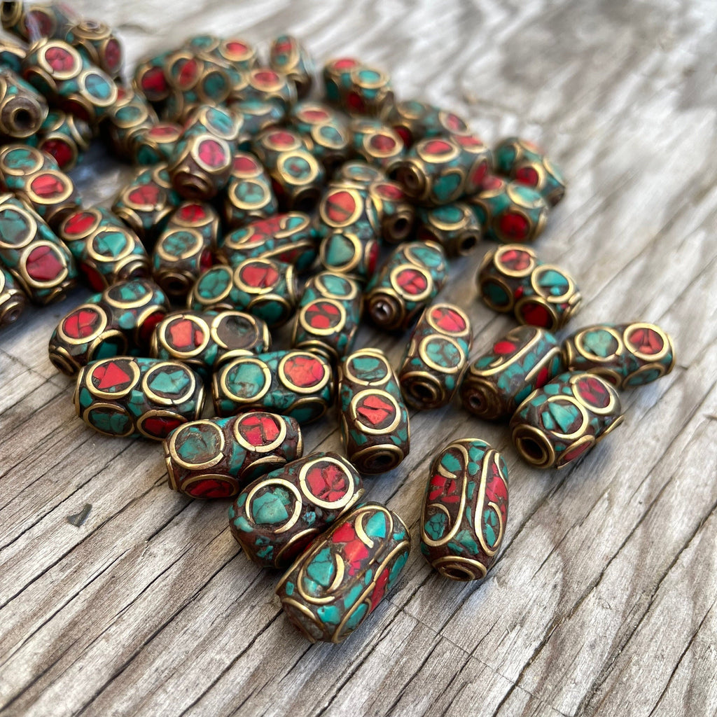 Handcrafted Himalayan Beads: Brass, Turquoise & Coral Inlays (10 Beads)
