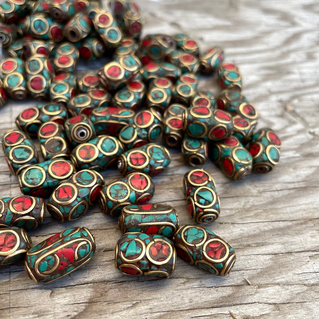 Handcrafted Himalayan Beads: Brass, Turquoise & Coral Inlays (10 Beads)
