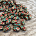 Handcrafted Himalayan Beads: Brass, Turquoise & Coral Inlays (10 Beads)