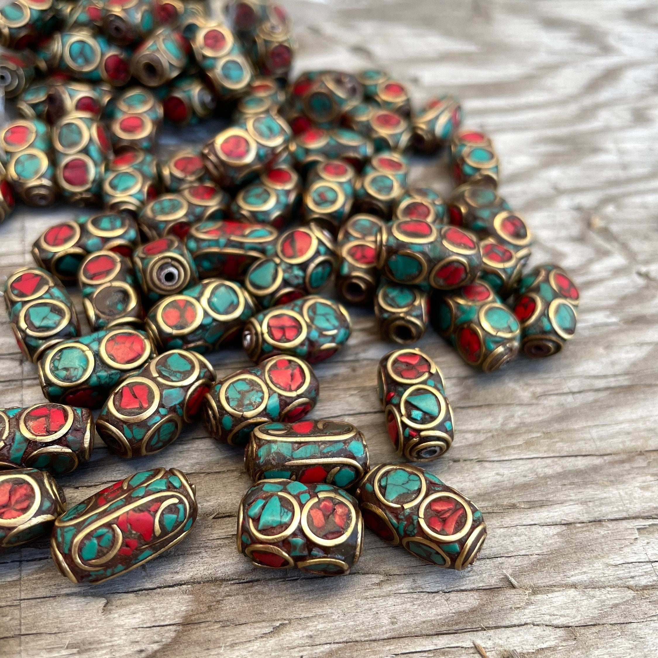 Handcrafted Himalayan Beads: Brass, Turquoise & Coral Inlays (10 Beads)