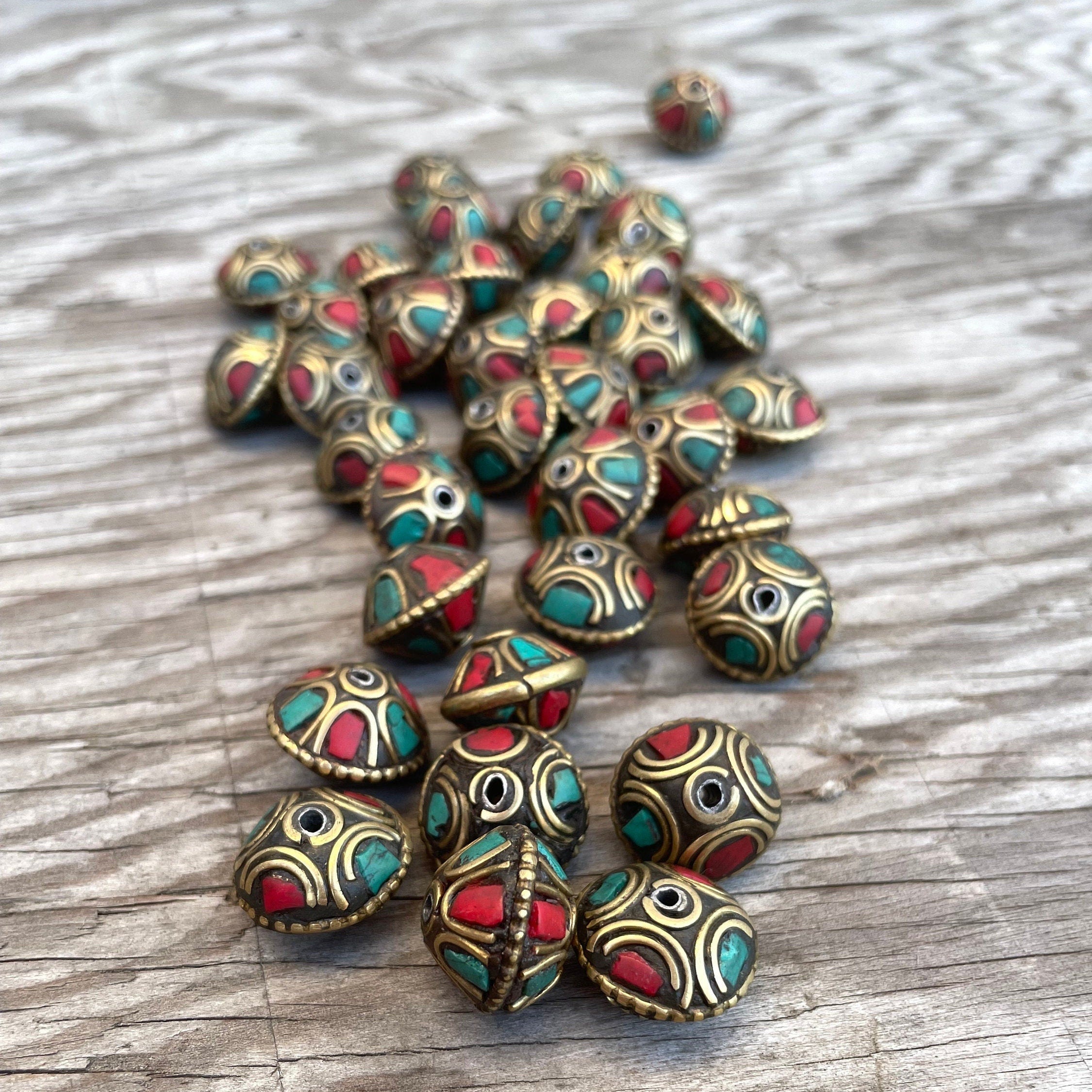 Handcraft Beads: Rice bean Shape Himalayan bead with circles design brass turquoise coral inlays