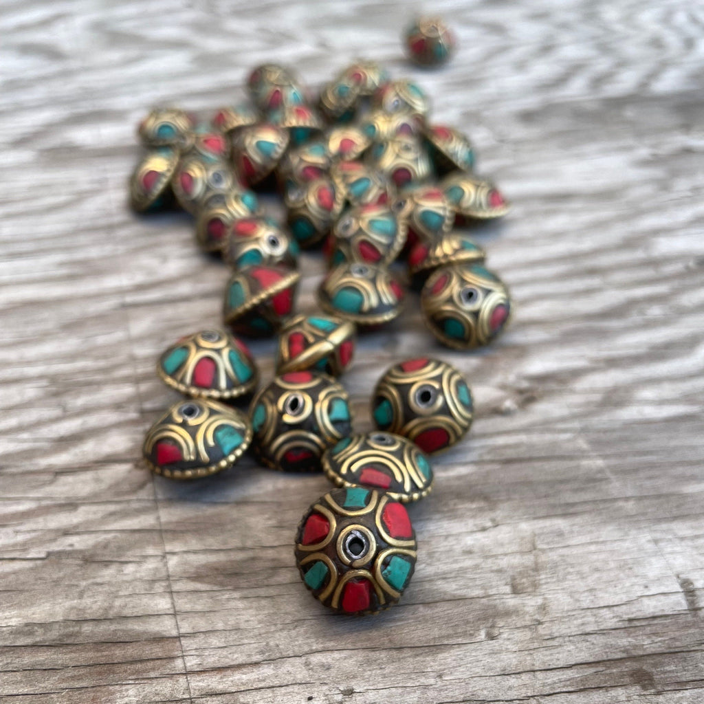 Handcraft Beads: Rice bean Shape Himalayan bead with circles design brass turquoise coral inlays
