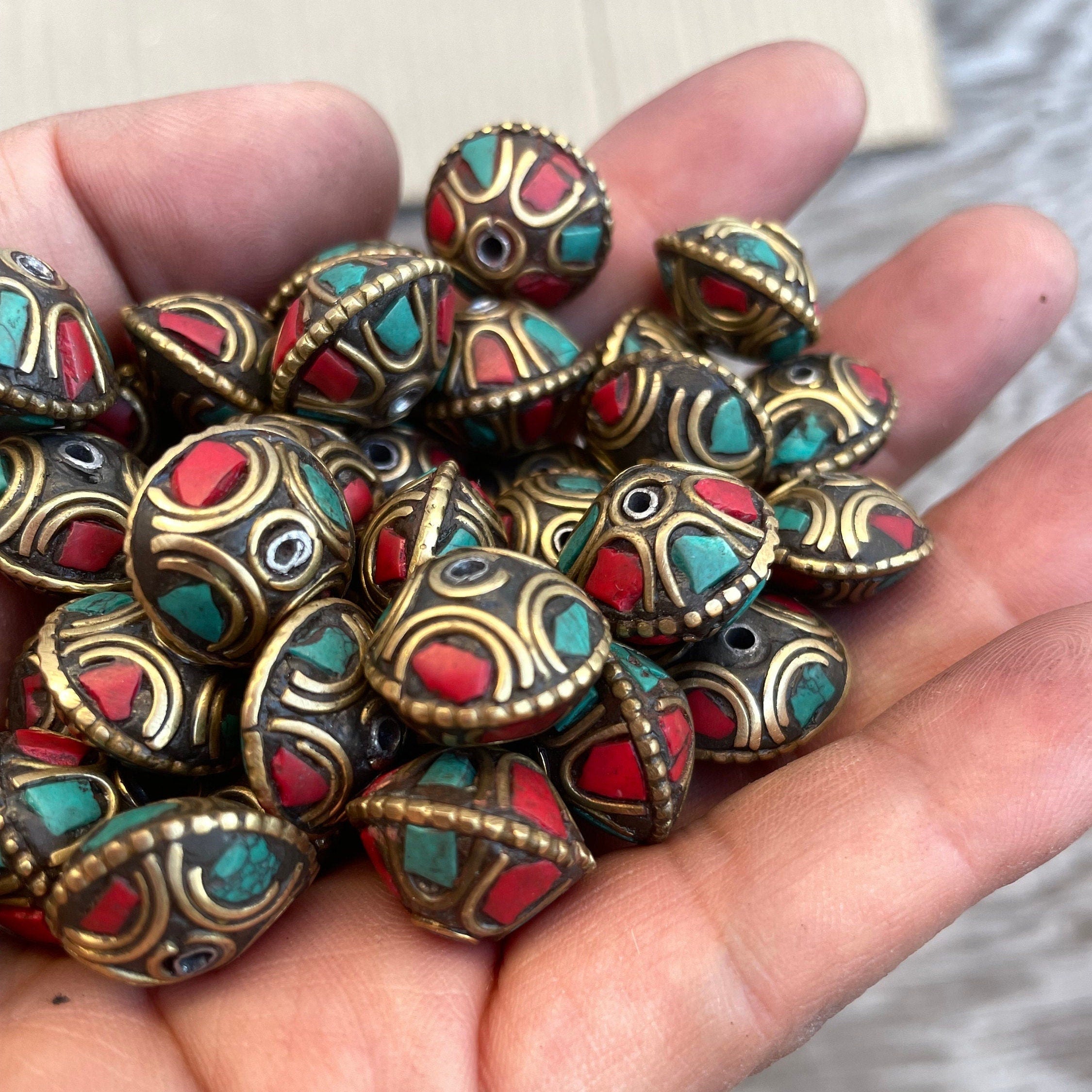 Handcraft Beads: Rice bean Shape Himalayan bead with circles design brass turquoise coral inlays