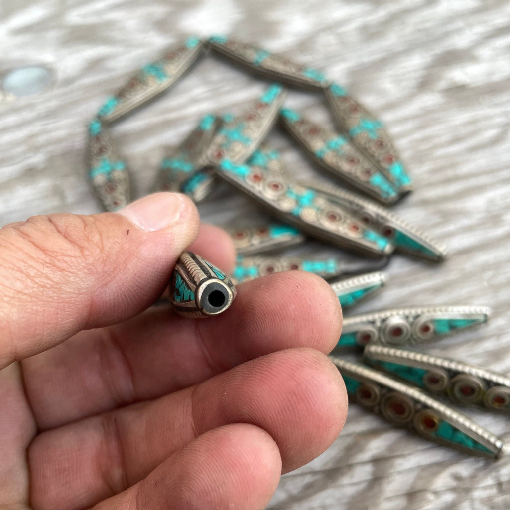 Handcrafted Tibetan Bead: Brass, Turquoise & Coral Inlay (1x5 inch)