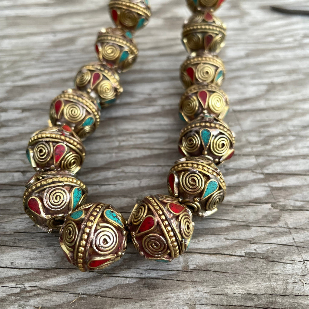 Handcraft Tibetan Brass Beads: Coral & Turquoise Inlay (1.5-inch)