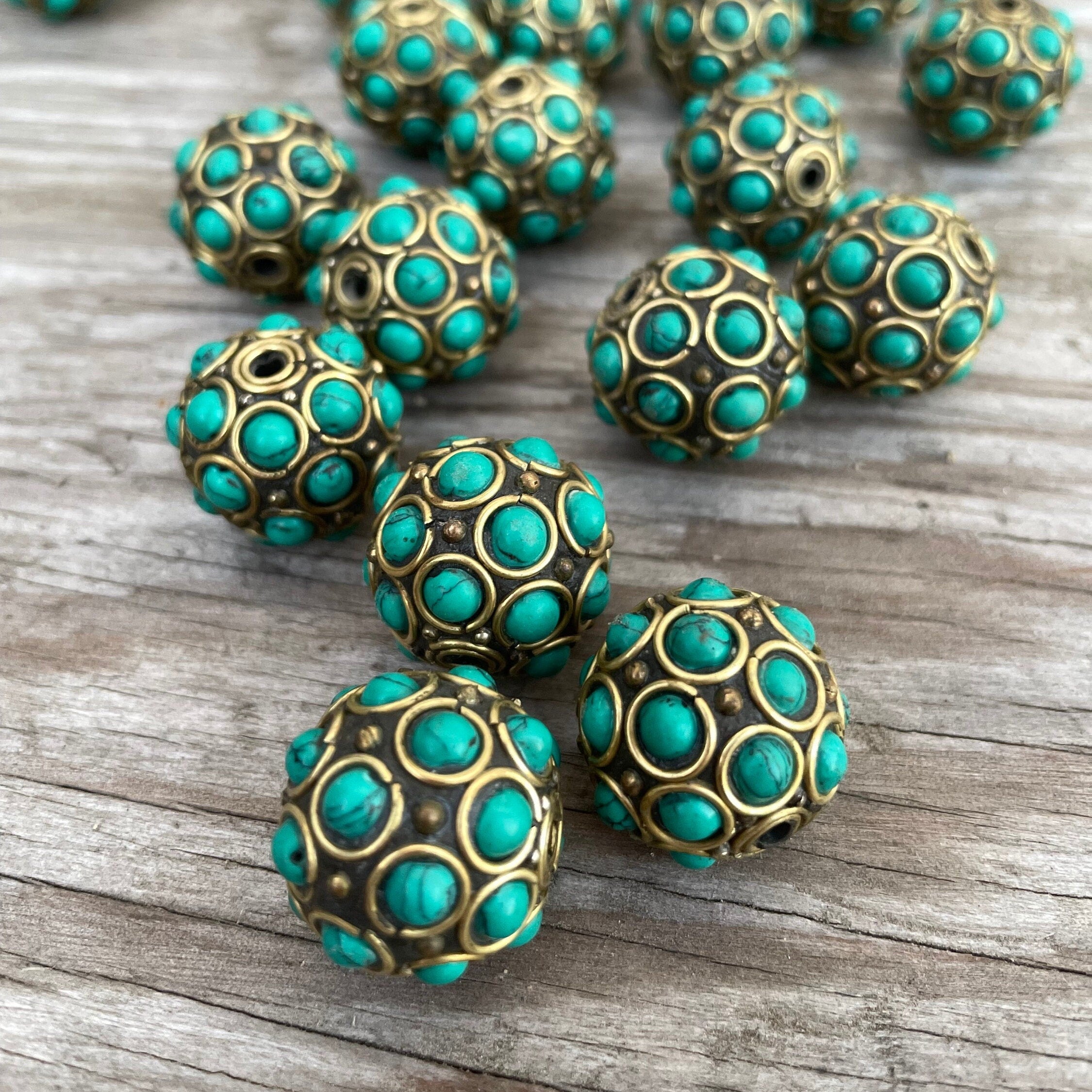 Large Turquoise Inlay Beads: 1.5" Tibetan Brass Beads