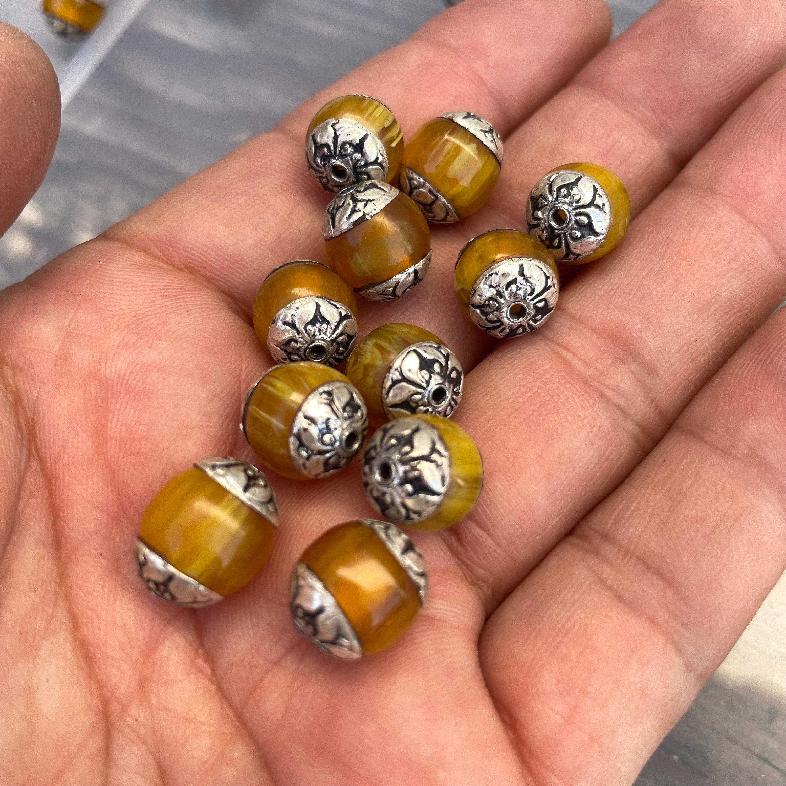 Handcraft Tibetan Amber Beads: Rice Bean Shape, Silver Cap (10 pc)