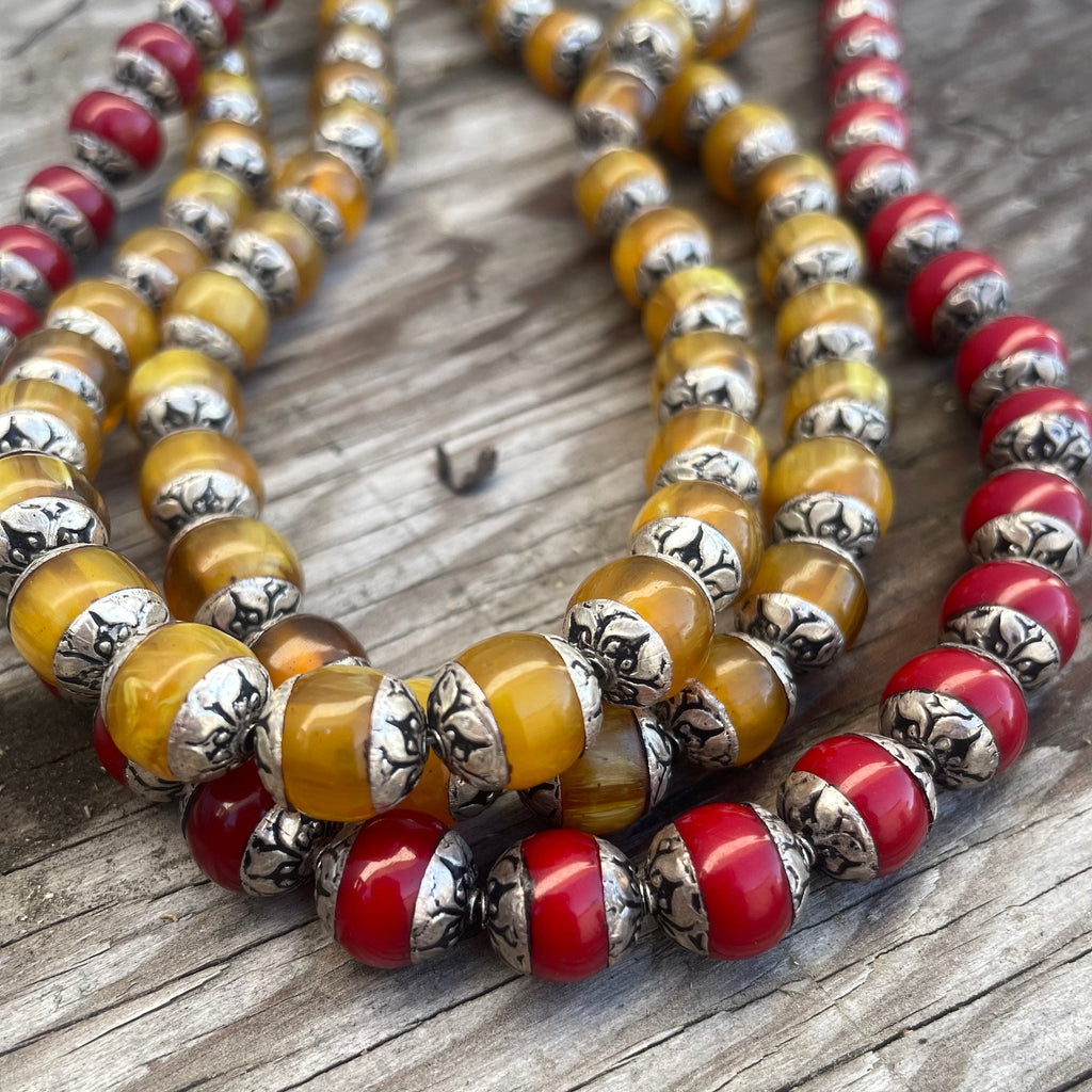 Handcraft Tibetan Amber Beads: Rice Bean Shape, Silver Cap (10 pc)