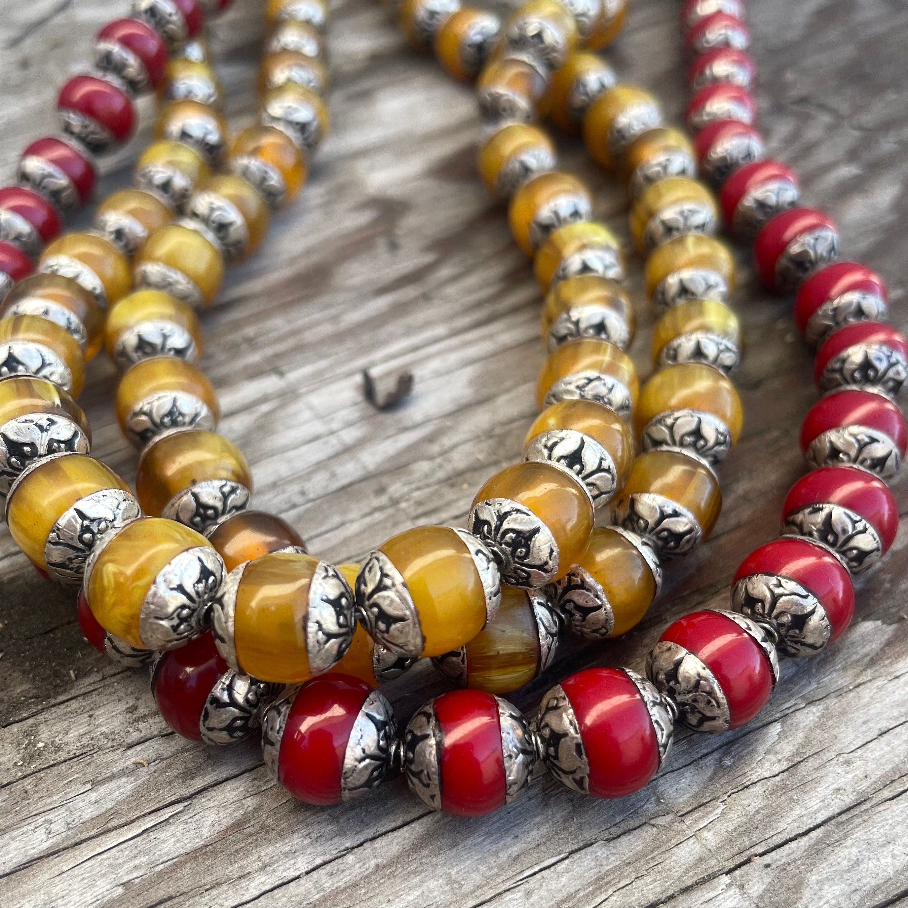 Handcraft Tibetan Amber Beads: Rice Bean Shape, Silver Cap (10 pc)
