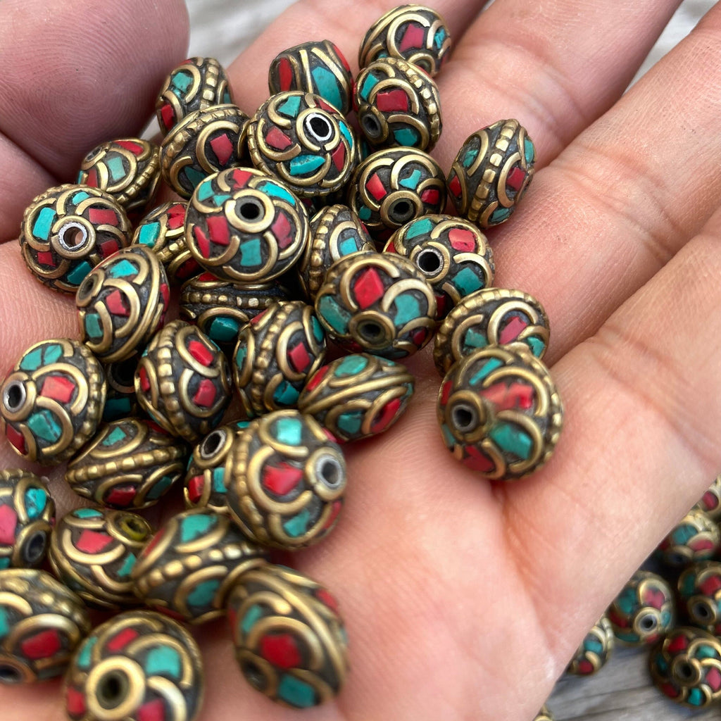 Handcrafted Himalayan Brass Beads: Turquoise Coral Inlay (10, 5x10mm)