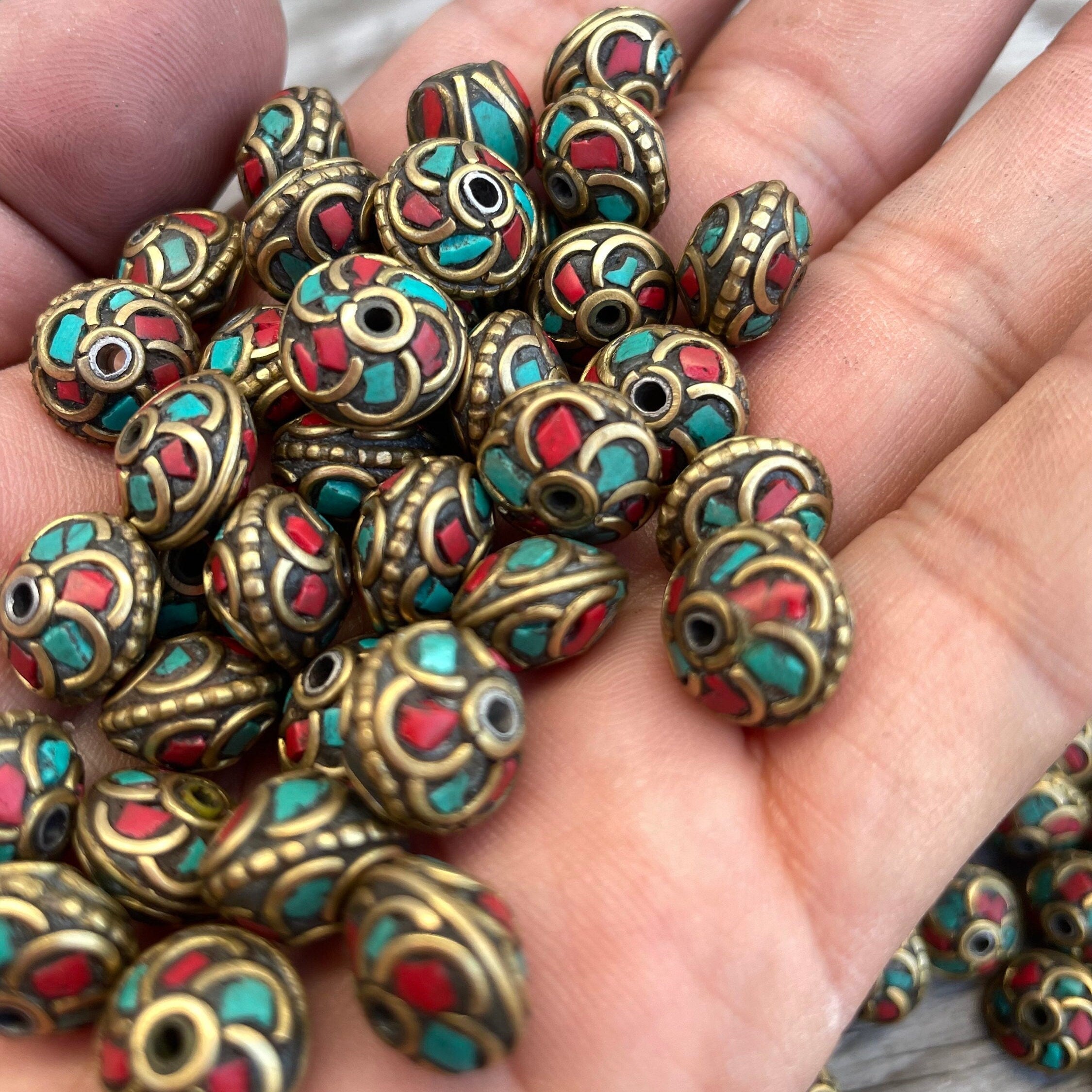 Handcrafted Himalayan Brass Beads: Turquoise Coral Inlay (10, 5x10mm)