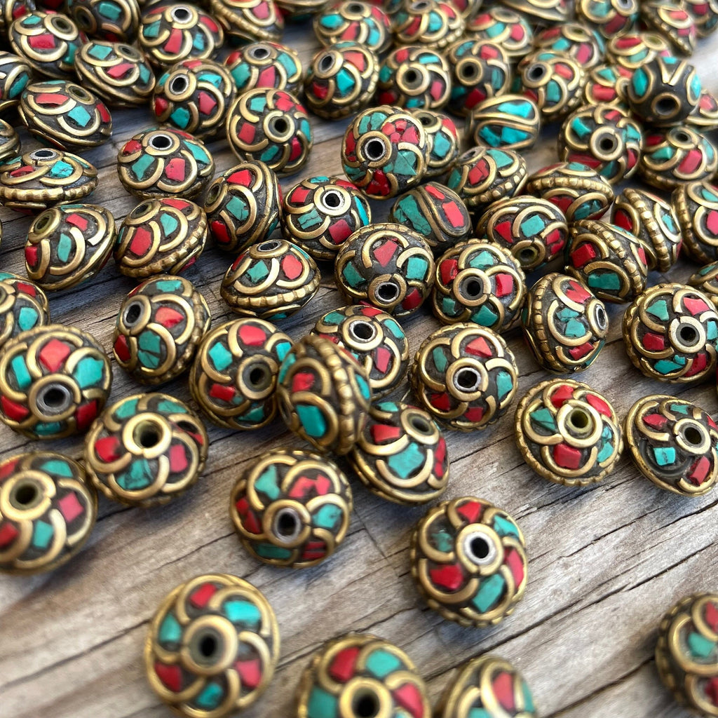 Handcrafted Himalayan Brass Beads: Turquoise Coral Inlay (10, 5x10mm)