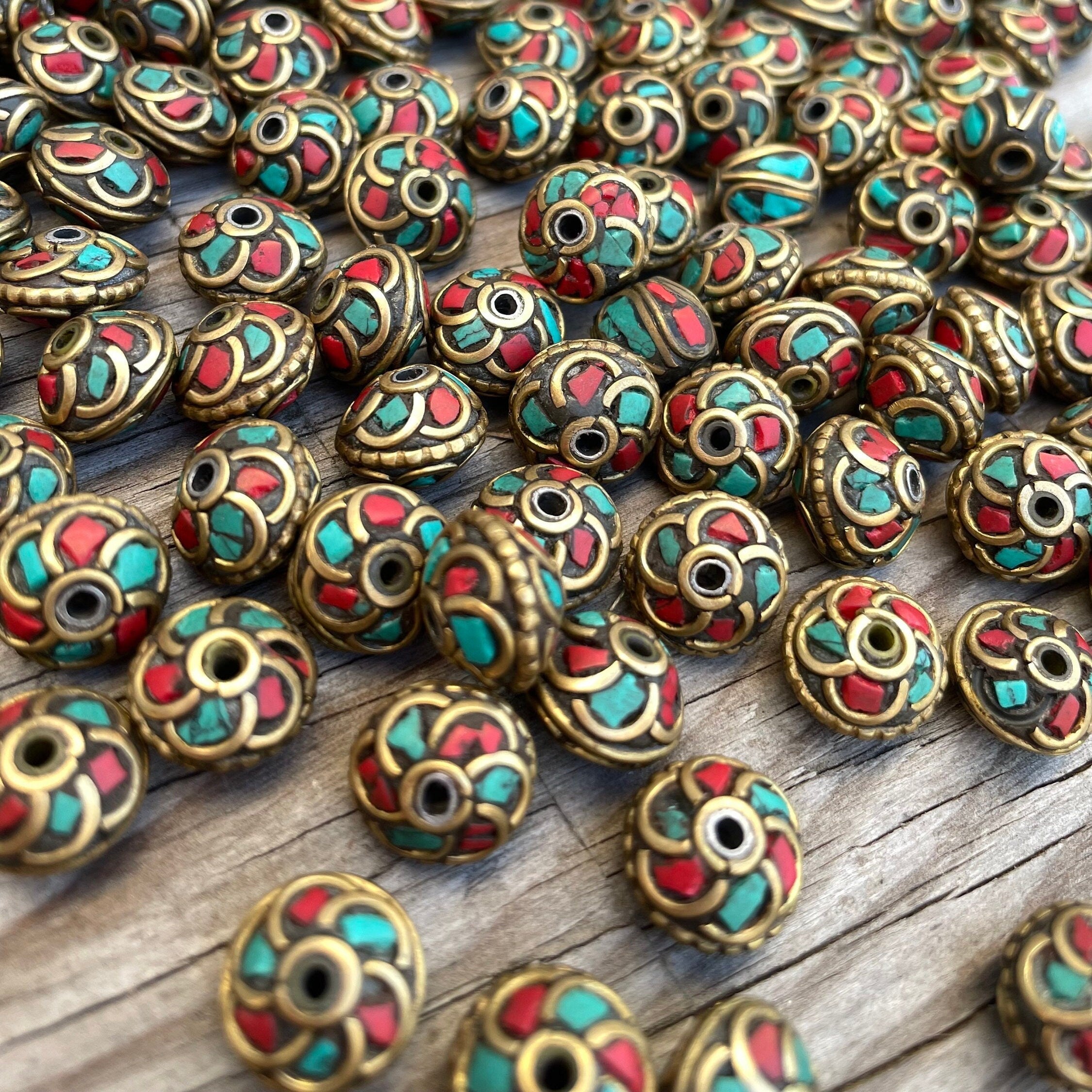 Handcrafted Himalayan Brass Beads: Turquoise Coral Inlay (10, 5x10mm)