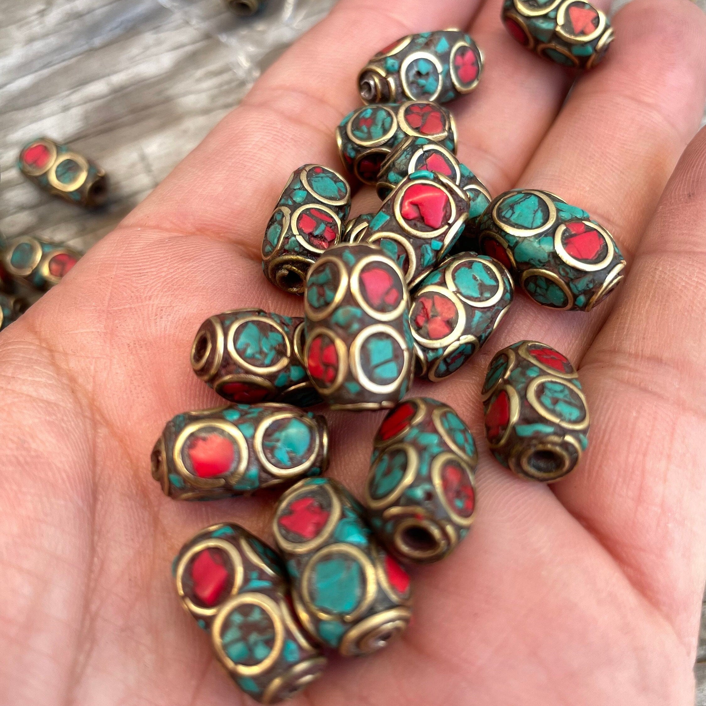 Handcrafted Himalayan Beads: Brass, Turquoise & Coral Inlays (10 Beads)