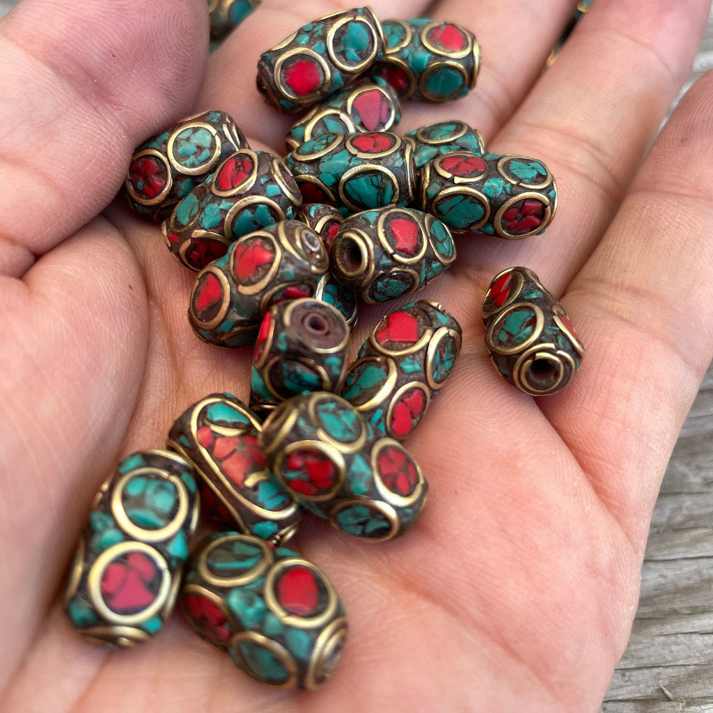 Handcrafted Himalayan Beads: Brass, Turquoise & Coral Inlays (10 Beads)