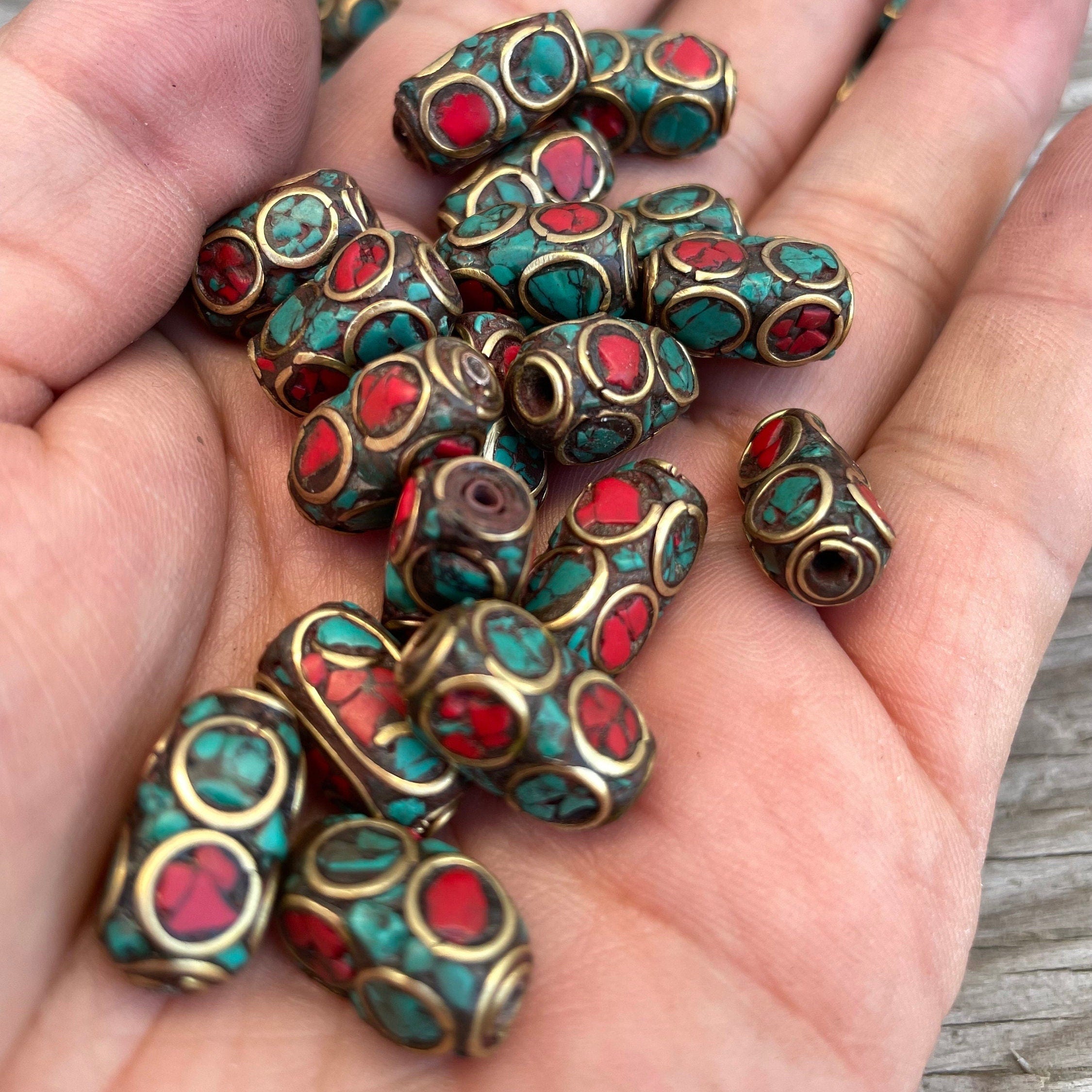 Handcrafted Himalayan Beads: Brass, Turquoise & Coral Inlays (10 Beads)