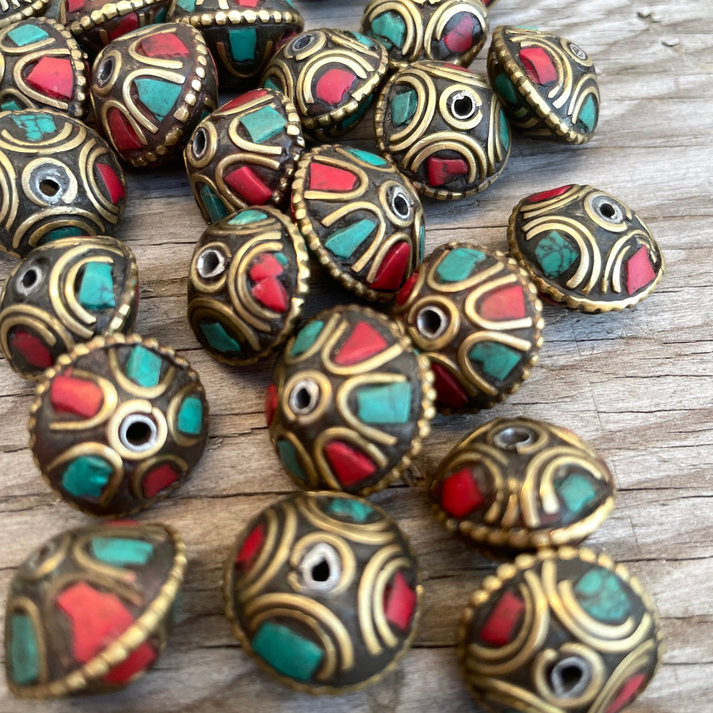 Handcraft Beads: Rice bean Shape Himalayan bead with circles design brass turquoise coral inlays