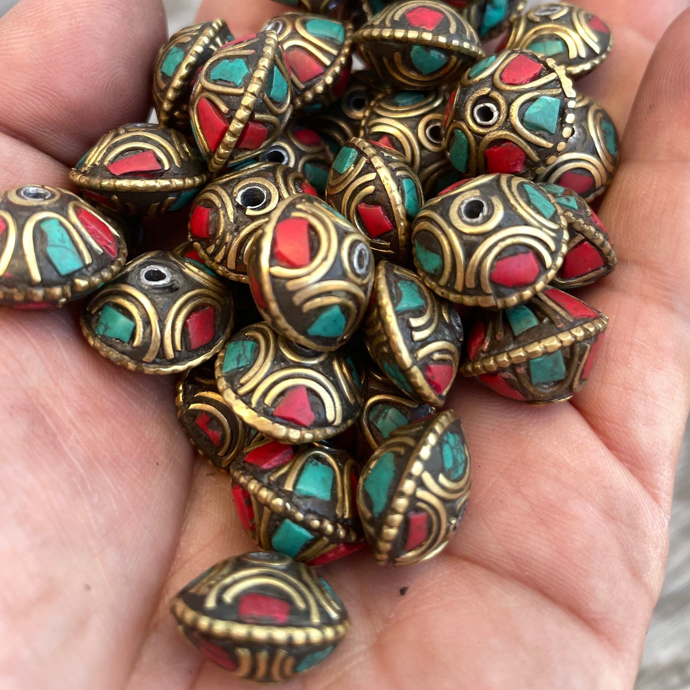 Handcraft Beads: Rice bean Shape Himalayan bead with circles design brass turquoise coral inlays