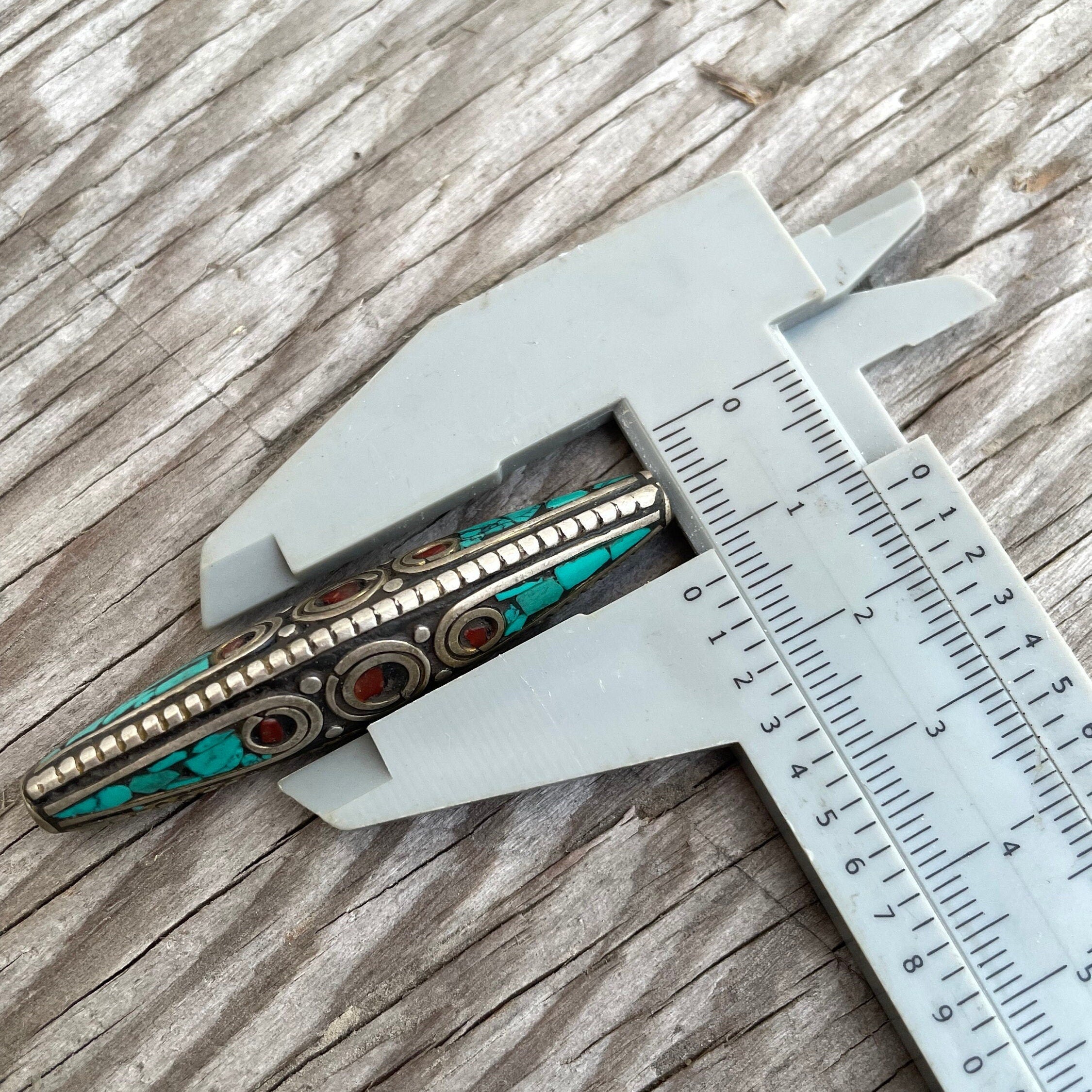 Handcrafted Tibetan Bead: Brass, Turquoise & Coral Inlay (1x5 inch)