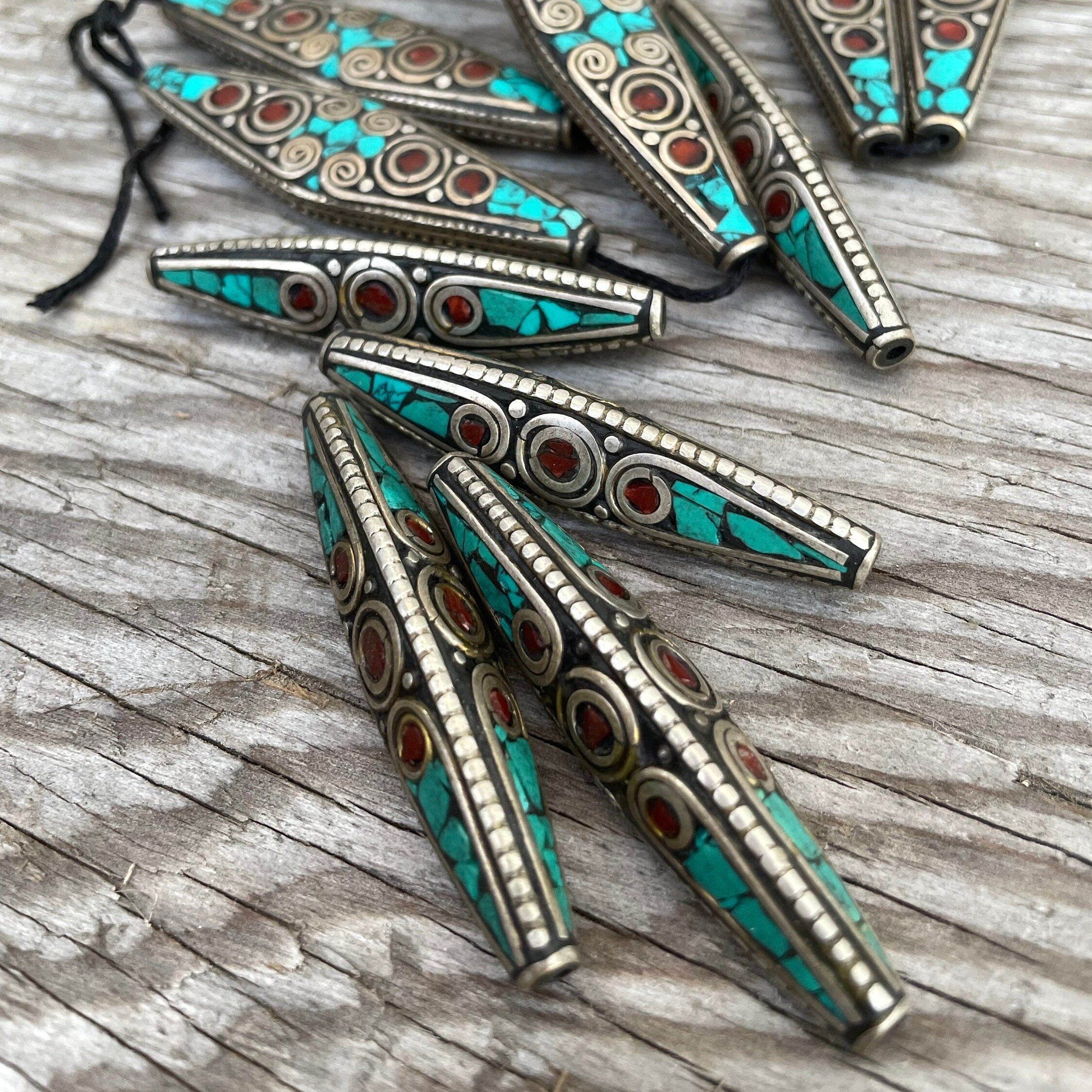 Handcrafted Tibetan Bead: Brass, Turquoise & Coral Inlay (1x5 inch)