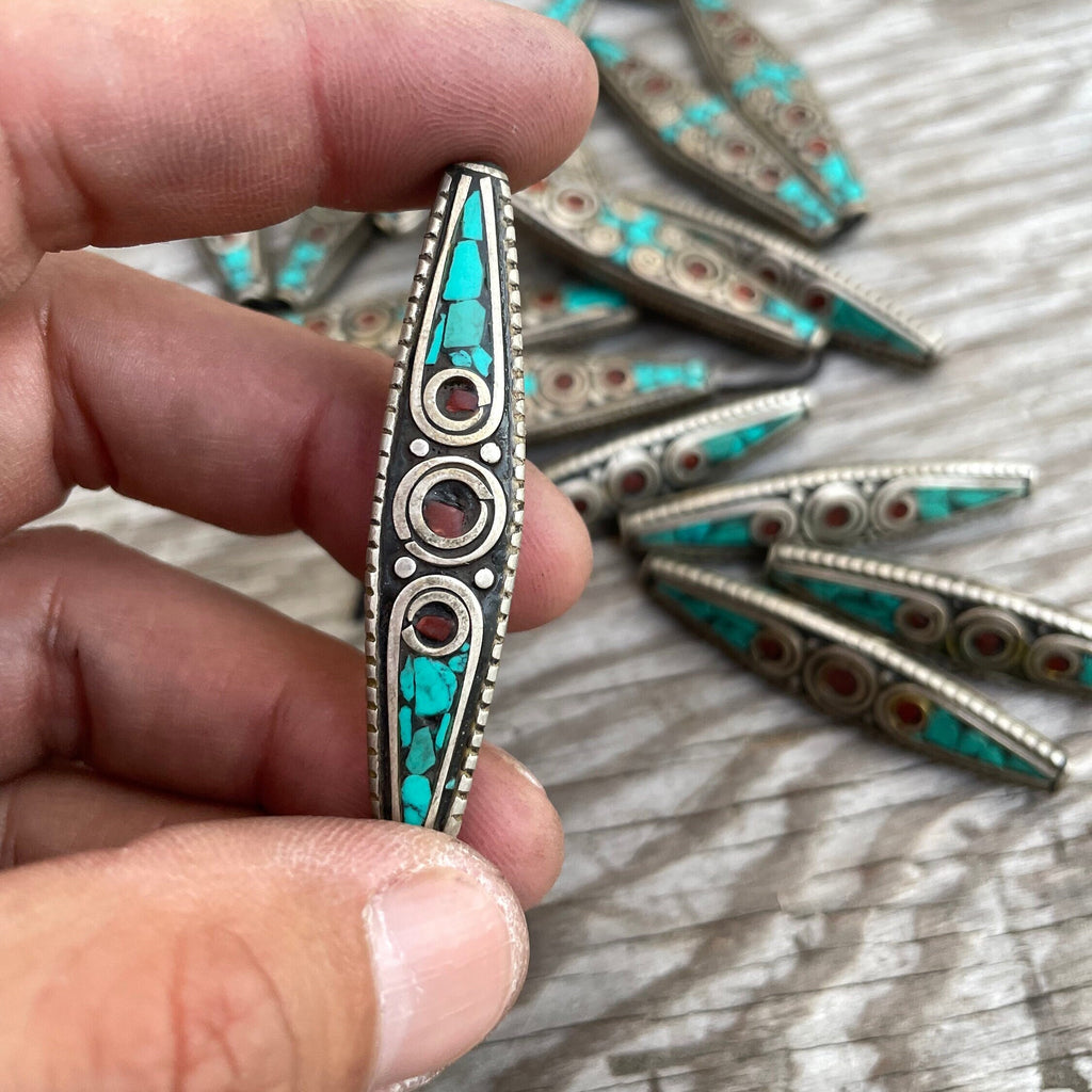 Handcrafted Tibetan Bead: Brass, Turquoise & Coral Inlay (1x5 inch)