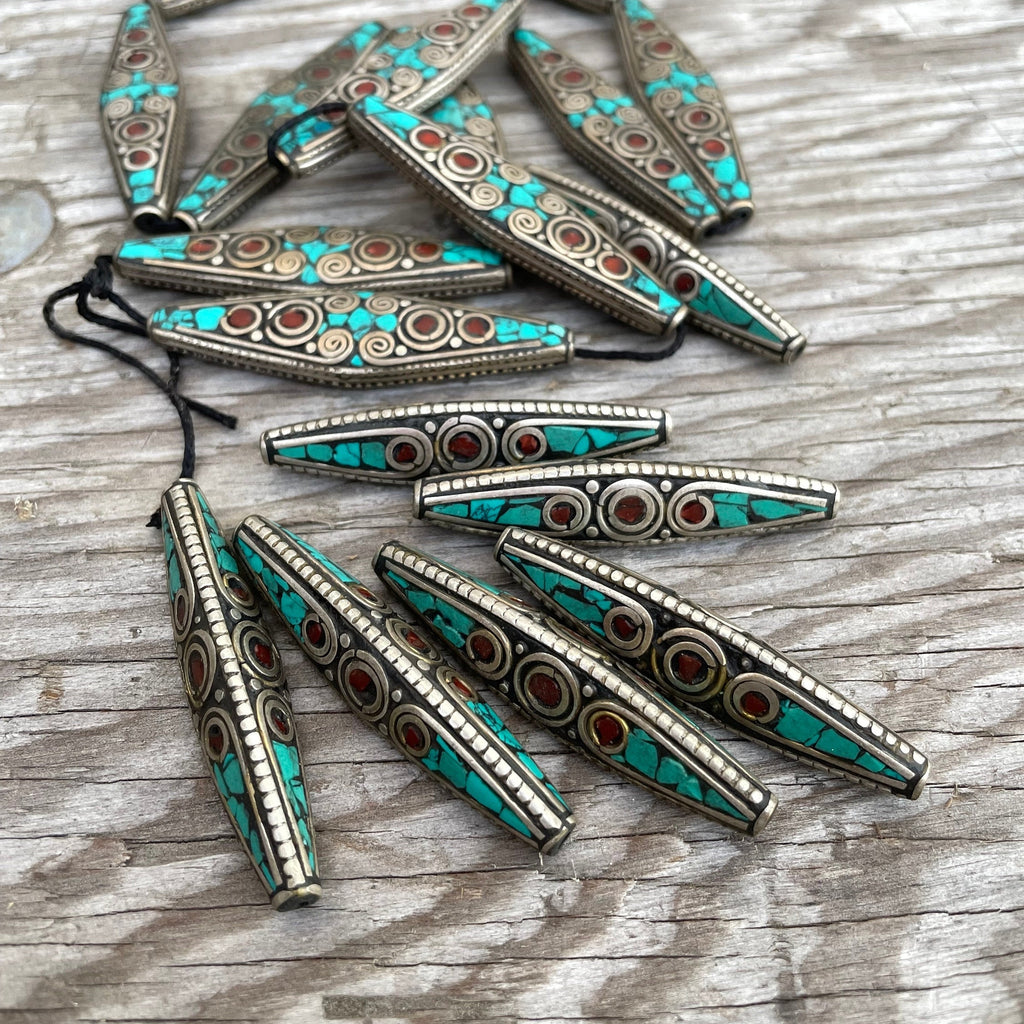 Handcrafted Tibetan Bead: Brass, Turquoise & Coral Inlay (1x5 inch)