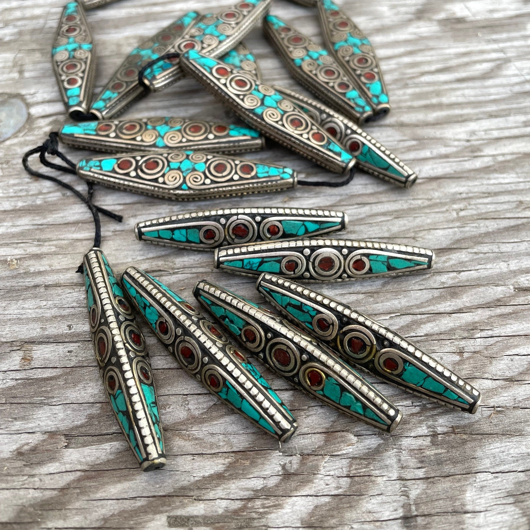 Handcrafted Tibetan Bead: Brass, Turquoise & Coral Inlay (1x5 inch)