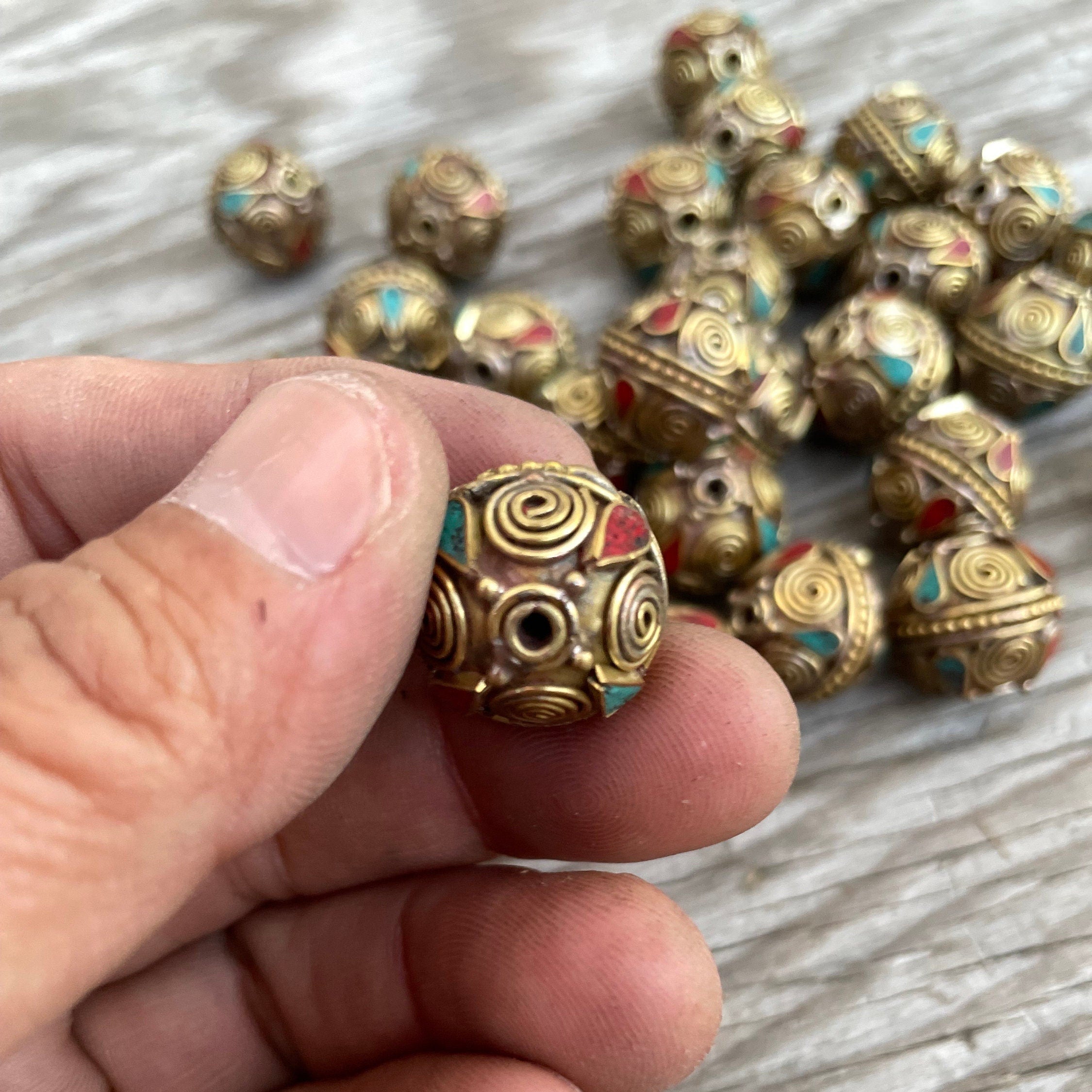 Handcraft Tibetan Brass Beads: Coral & Turquoise Inlay (1.5-inch)