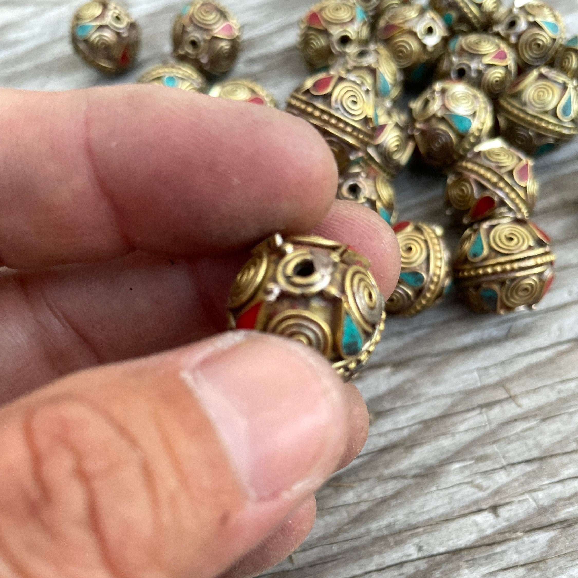 Handcraft Tibetan Brass Beads: Coral & Turquoise Inlay (1.5-inch)